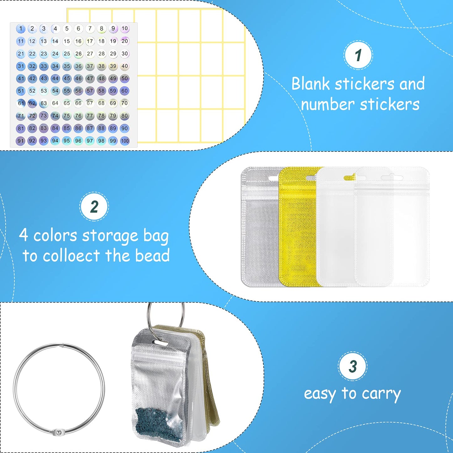 200 Pieces Diamond Painting Accessories Diamond Painting Tools Kit Storage Container Art Resealable Bags with 4 Round Binding Rings, 5 Sheets Number Stickers and 5 Sheets Sticker Label