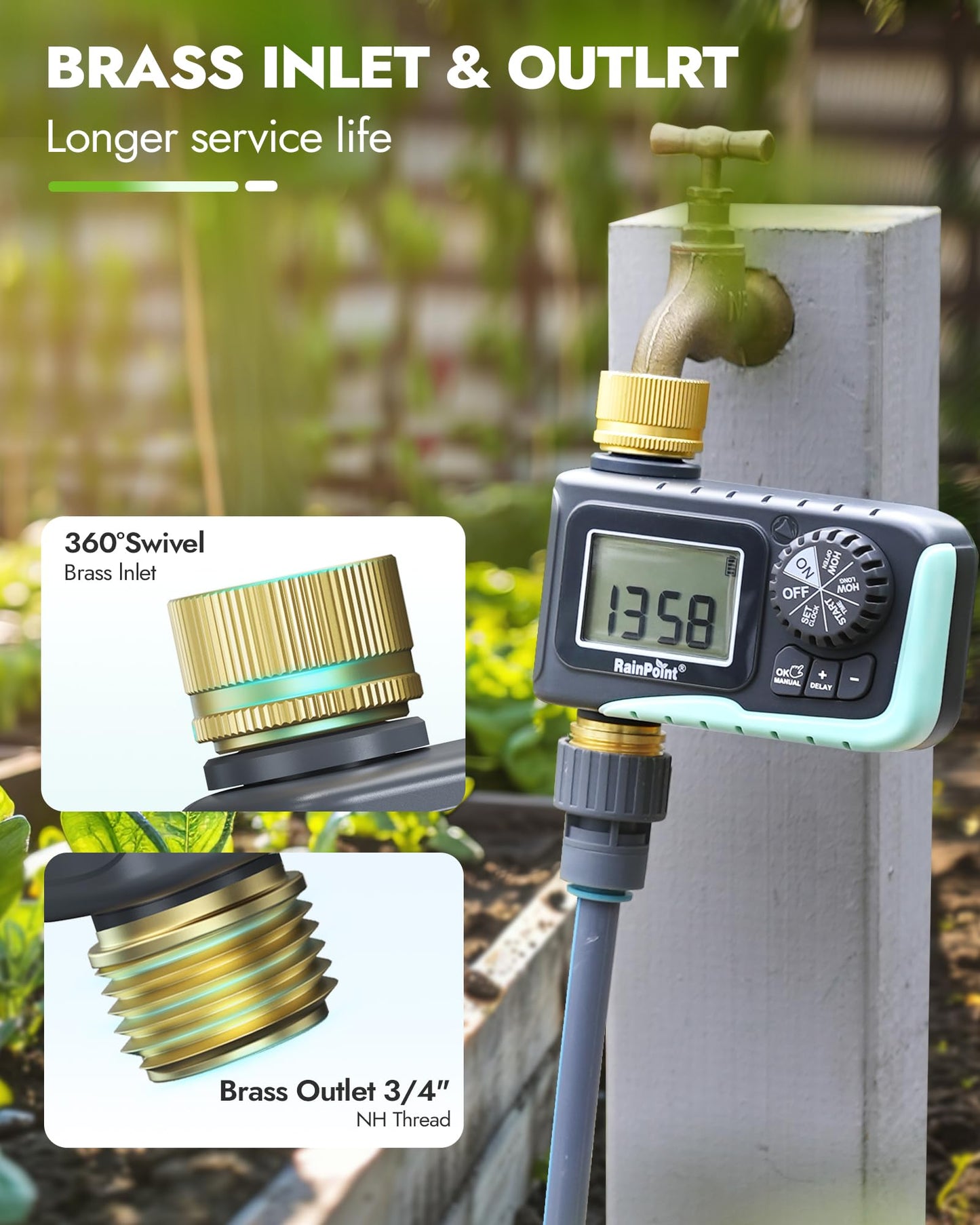 RAINPOINT Sprinkler Timer with Brass Inlet & Outlet, Programmable Hose Timer for Garden Soaker Hose with Rain Delay/Manual Watering System, Digital Drip Irrigation for Yard, Lawn(2PCS)