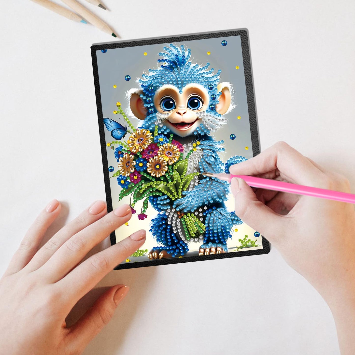 JISHSHAY Diamond Painting Notebook Journal Monkey Diamond Art Note Book Animal Gem Art Sketchbook Mosaic Kits for Adults Diary Gem Painting Leather Journal with Special Shaped Drills 5.7×8.26in