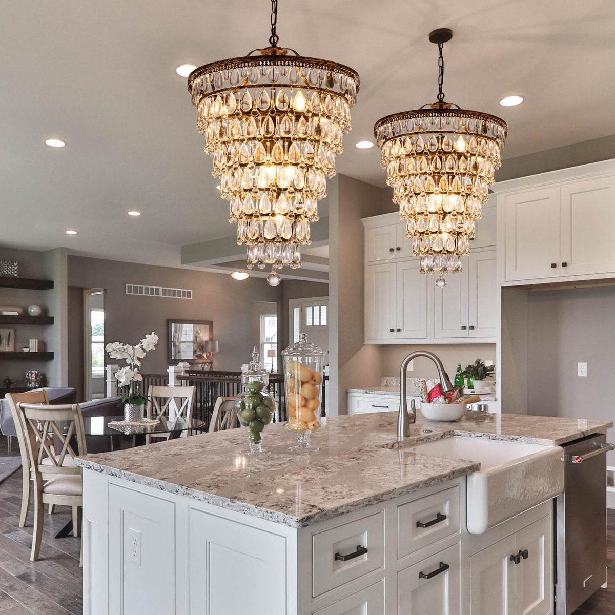 Wellmet 20 Inch Crystal Chandelier, Farmhouse Bronze Bathroom Chandeliers, 8-Lights Foyer Lighting Round Hanging Ceiling Light Fixture for Living Room, Bedroom, Entryway, Kitchen Island, Cone Shape