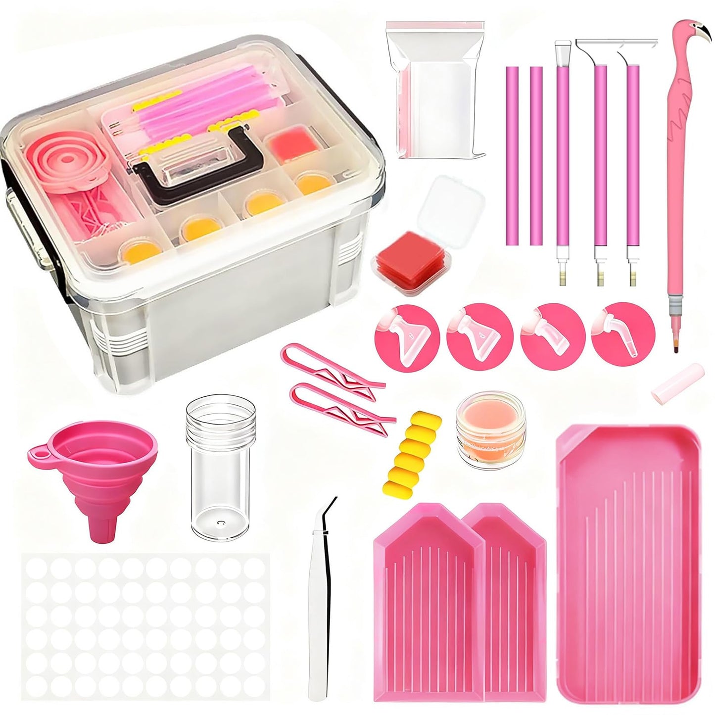 CXJINZE Diamond Painting Tools Accessories Storage-Kit - 111Pcs 5D Set Portable Tool Box with Handle Craft Jewelry Bead Storage Pink Box Art Trays for Diamond Painting Accessories and Tools