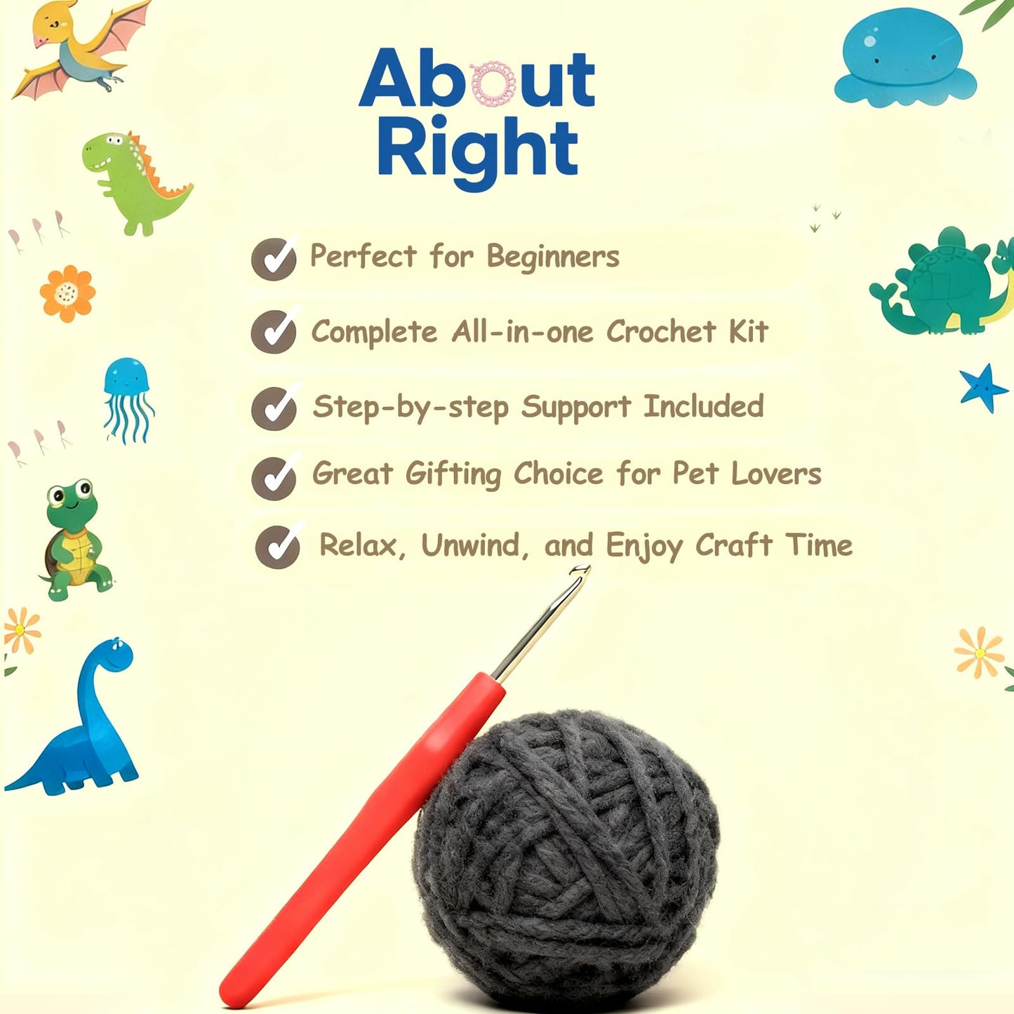 ABOUT RIGHT Crochet Kit Dog for Beginners, 7x6 Inches Husky Amigurumi Kit with Step-by-Step Video Tutorials, All-in-one DIY Animal Crochet Project for All Ages