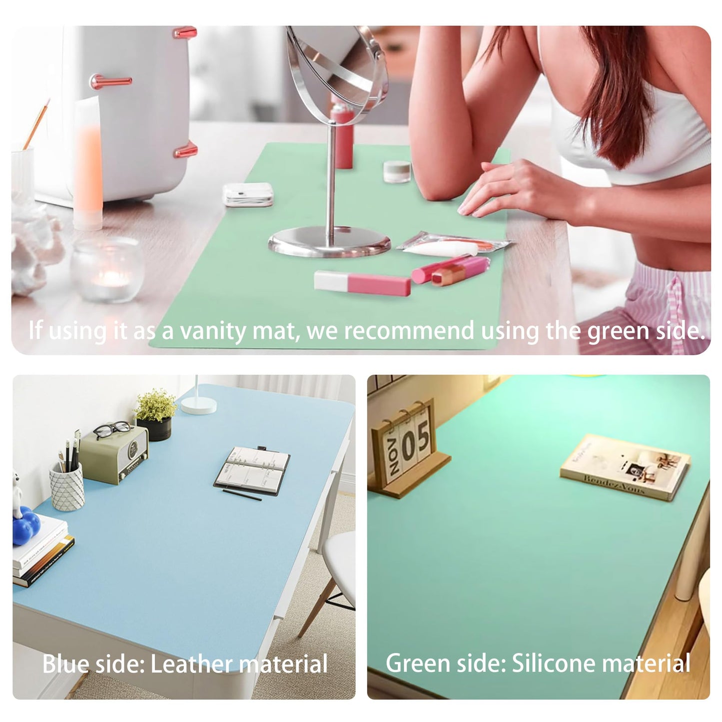 Reversible Silicone Table Mat - 2-in-1 Desk Pad & Silicone Craft Mat Eye-Care Green Painting Mat & Blue Leather Desk Mat,Waterproof Washable Art Mat for Drawing, Clay, Crafts(80 * 40CM)