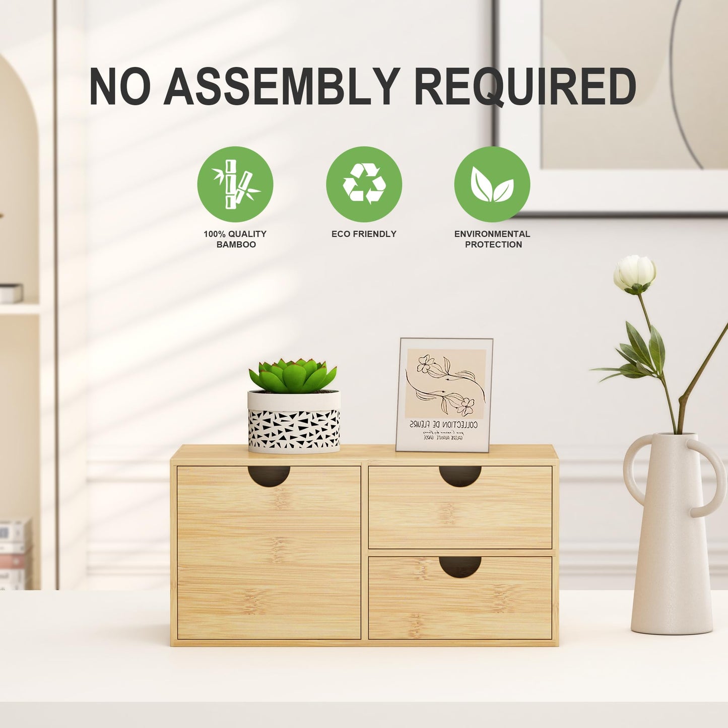 Wisuce Desk Organizer with Drawers - Bamboo Desktop Organizer Storage Natural Wood Desk Drawers Organizer for Bills, Office Supplies, Cosmetics, Seals No Assembly Required 3 Drawers(left-right)