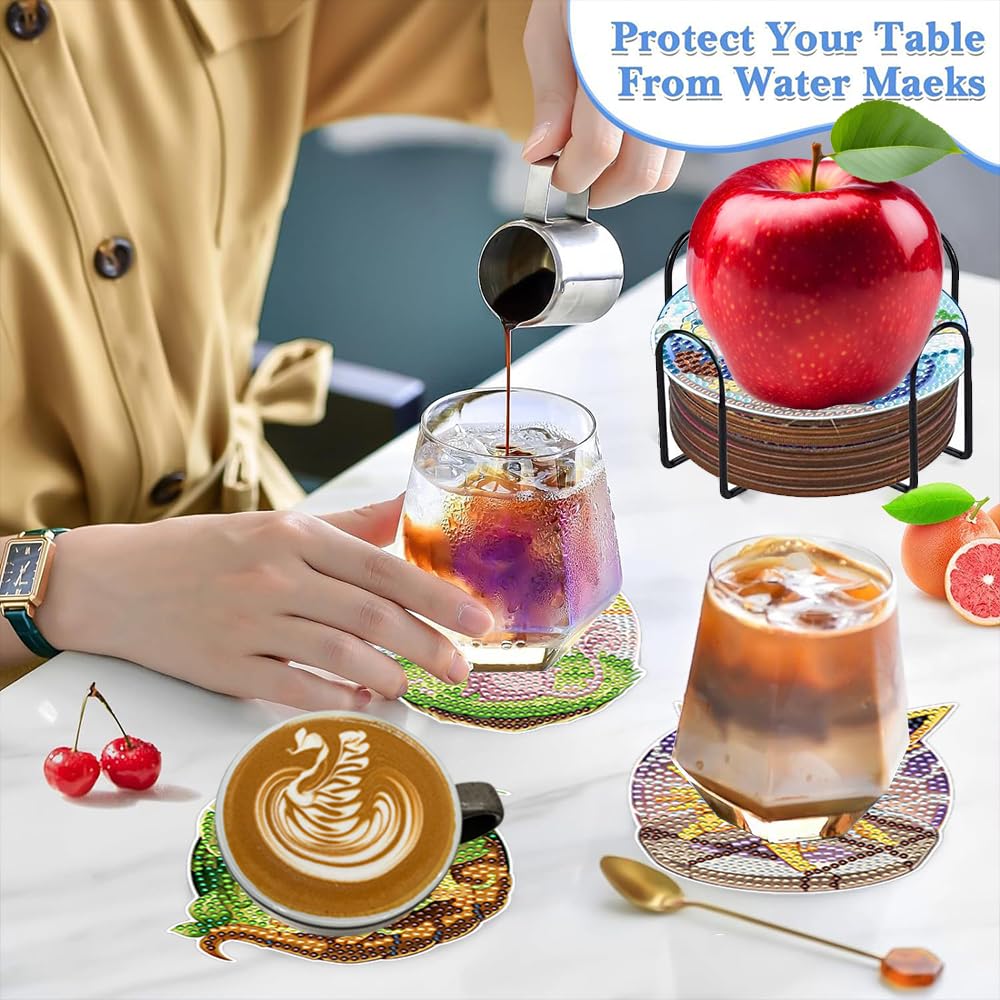 8 Pcs Animals Diamond Painting Coasters Set with Holder, Beginners DIY Diamond Art Coasters Crafts for Adults,Diamond Painting Kits Circular Coaster Suitable for Gifts and Office Home