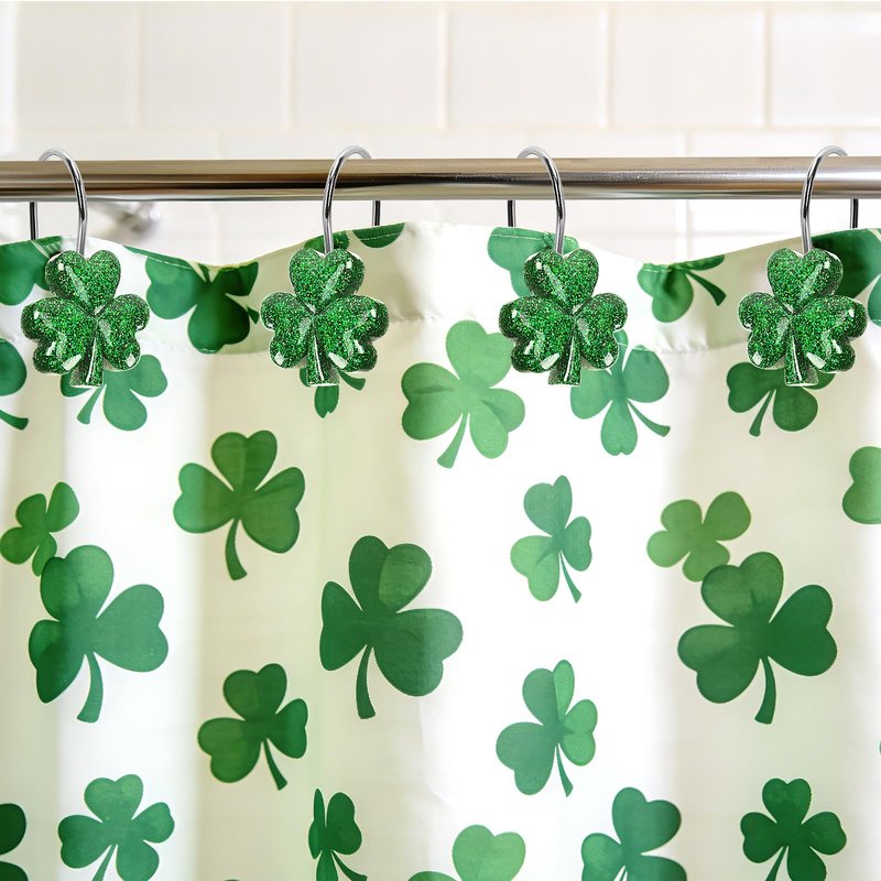 BOARDFEB Sparkling Shamrock Shower Curtain Hooks, 12Pcs St. Patrick's Day Decor with Glitter Clover Design for Festive Bathroom Party Accents
