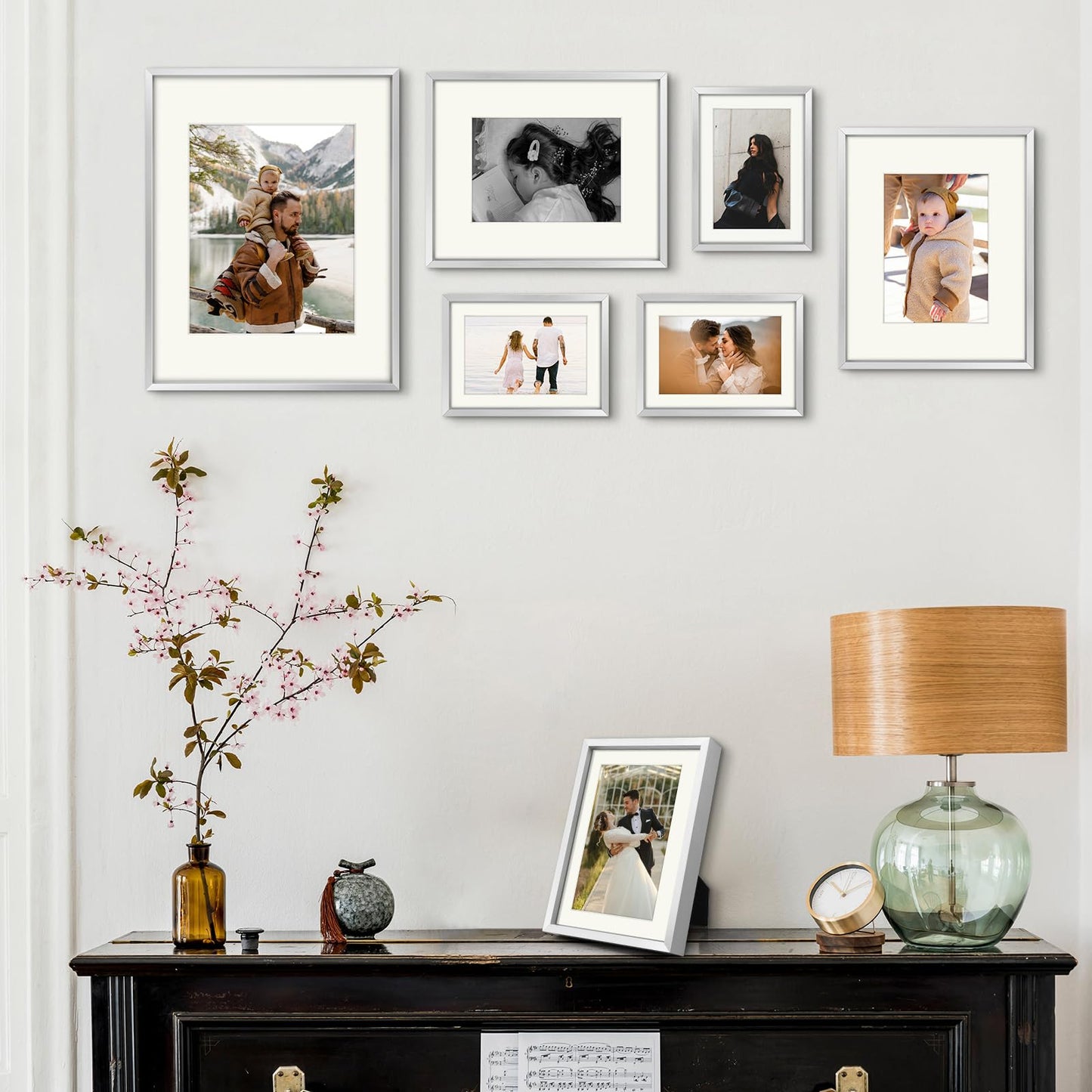 Frametory, Aluminum Picture Frames Set of 7 - Silver Gallery Wall Kit - Display One 11x14, Two 8x10, and Four 5x7 inch Photos for Home Decoration
