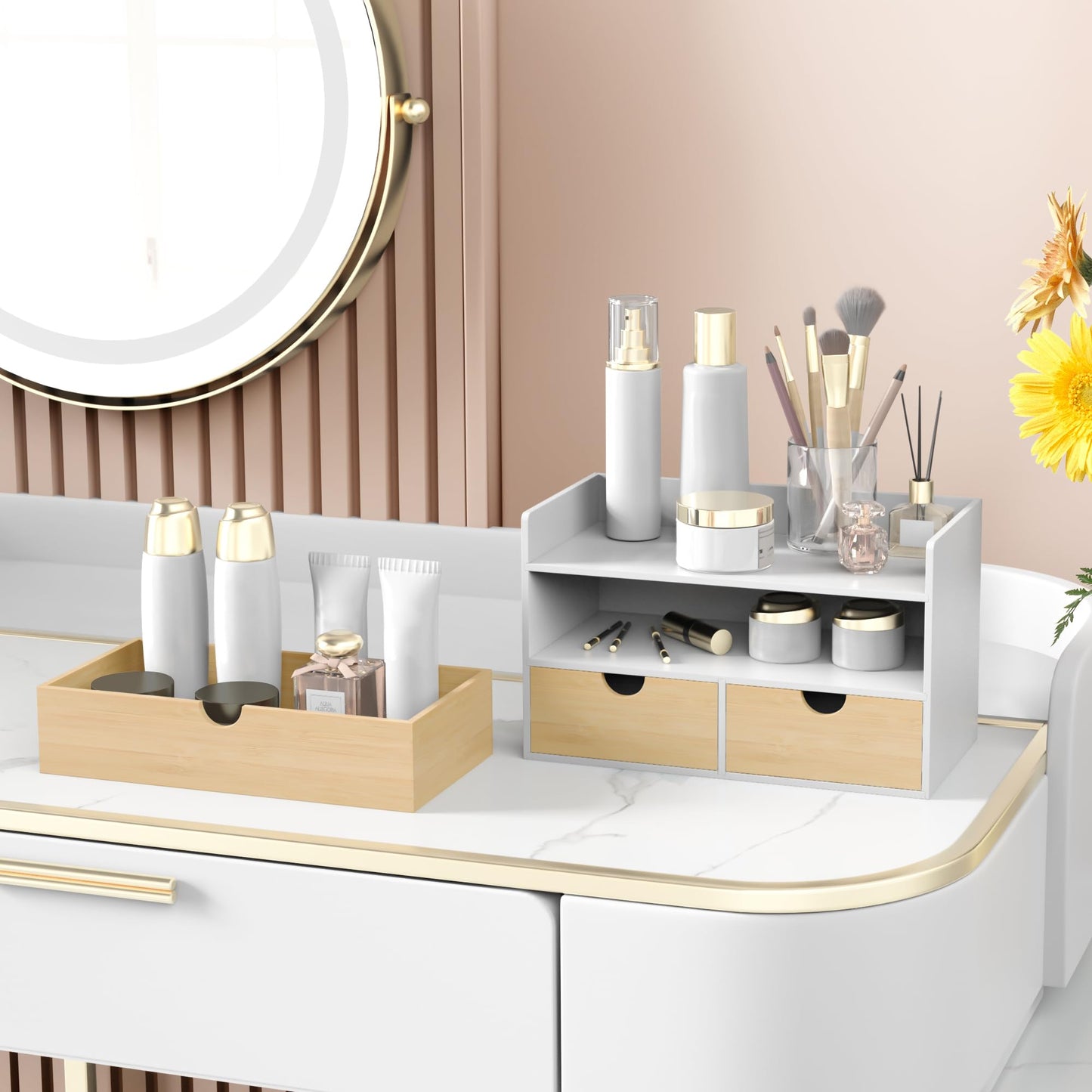 Desk Organizer with Drawers - Bamboo Desktop Organizer Storage | White-Natural Wood Desk Drawers Organizer for Bills, Office Supplies, Cosmetics, Seals No Assembly Required