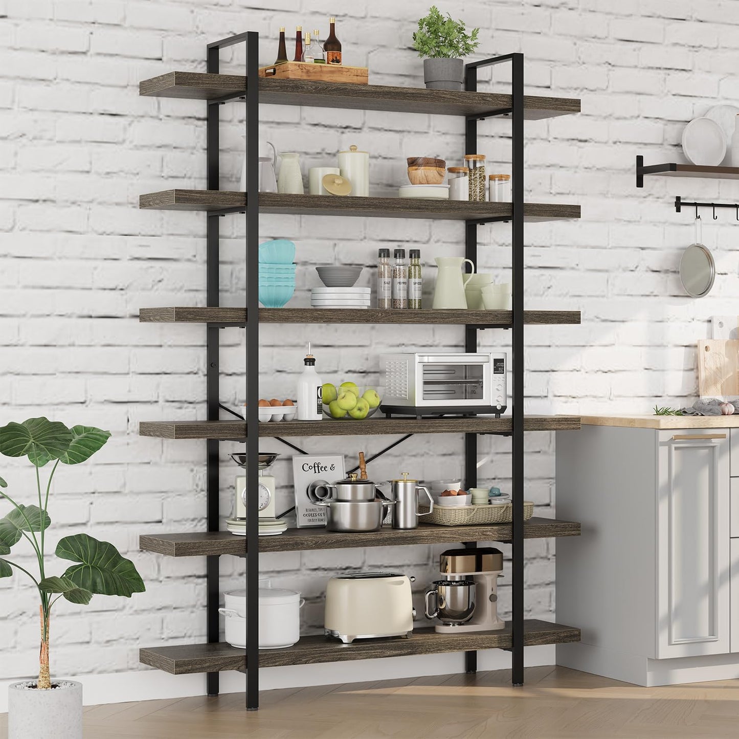 6 Tier Book Shelf, 47'' Wide Wood Industrial Bookshelf, 120lbs Shelf Capacity, Open Storage Shelves, 80'' Tall Heavy Duty Display Shelving, Rustic Grey Bookcase for Bedroom,Living Room,Office - 2Pcs