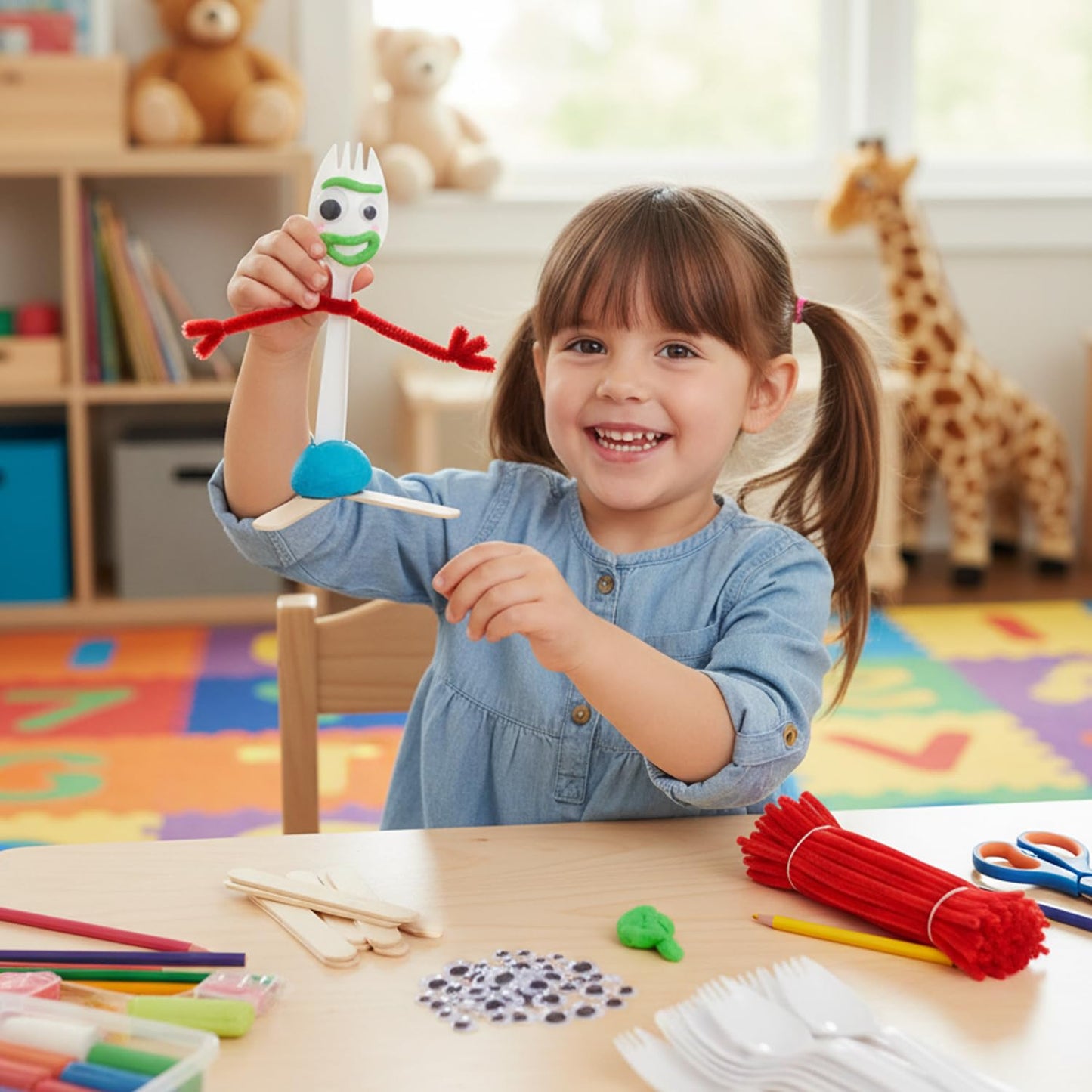 100 Set Fork Creativity Set, Air Dry Clay Plastic Sporks Red Pipe Cleaners Clever Eyes Popsicle Stick,Make Your own Forky