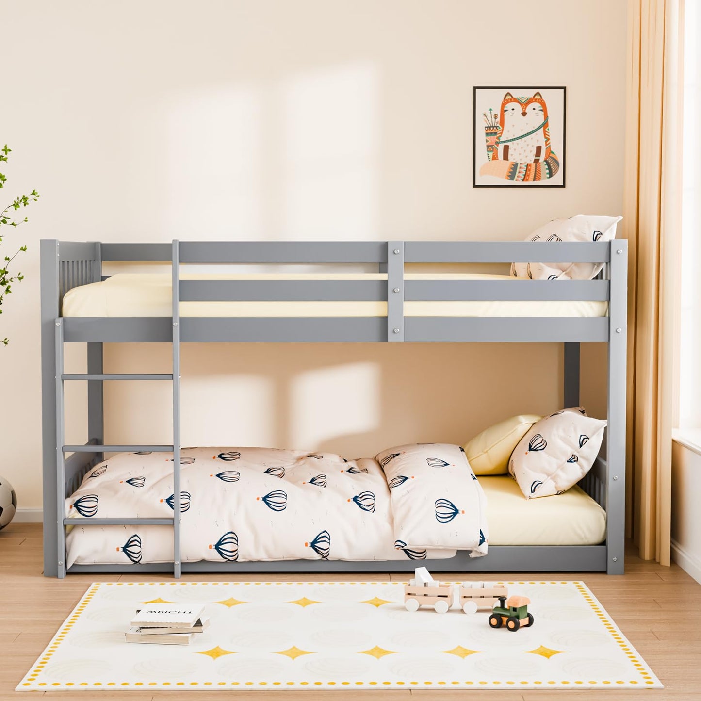 JOYMOR Solid Wood Low Twin Over Twin Bunk Bed for Kids/Junior, Bunk Bed Frame with Guardrails & Ladder for Boys Girls, No Box Spring Needed (Gray)
