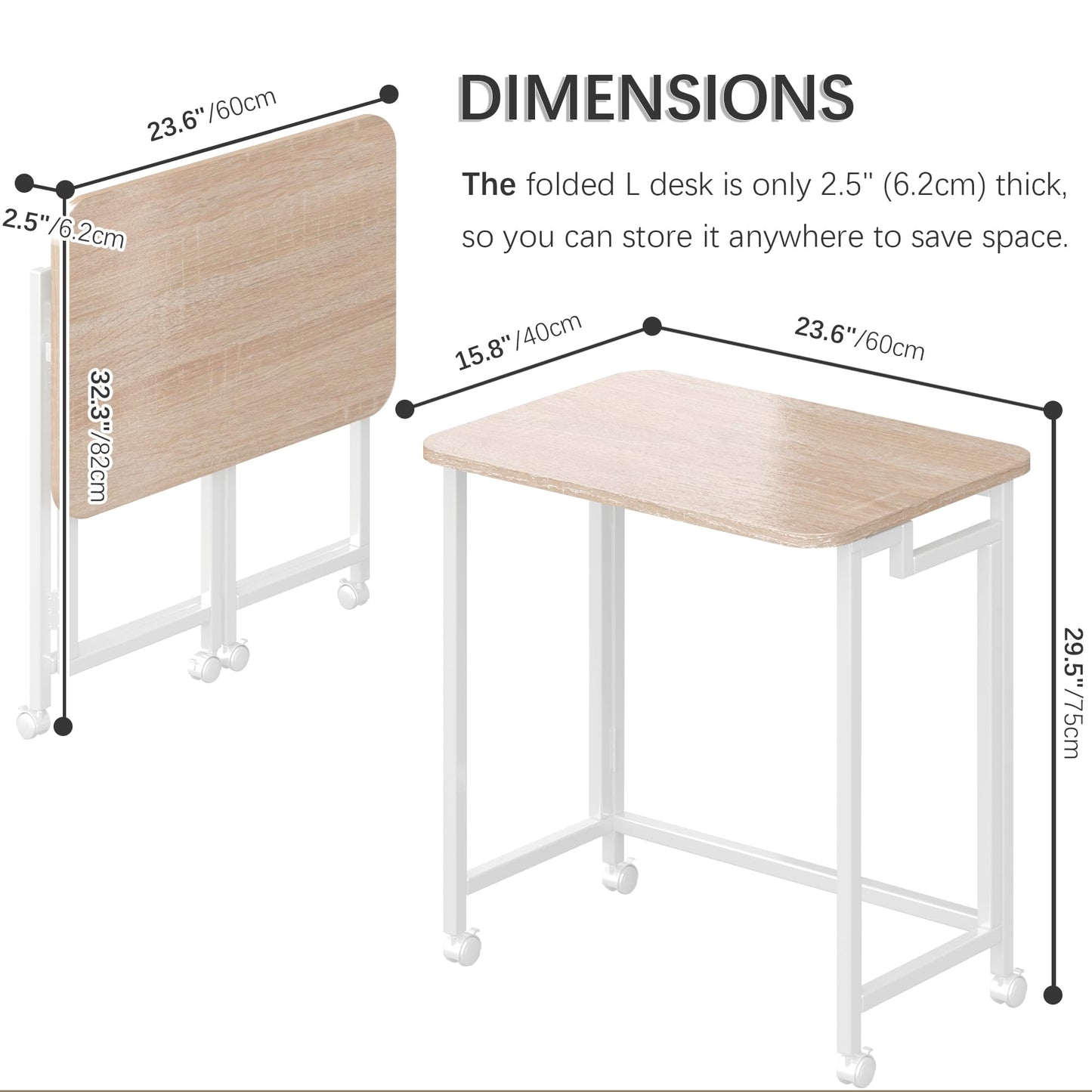 4NM 23.6" Mobile Small Rolling Computer Desk, Folding Laptop Cart Table with Wheels, Portable Office Desk for Small Space Couch Bed - Natural and White