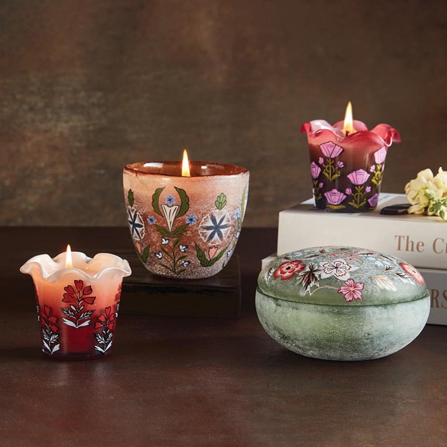 47th & Main Scented Candles Hand-Painted Floral Orange Glass Candle, 4" Dia x 3.5" H, Fresh Balsam & Cedarwood
