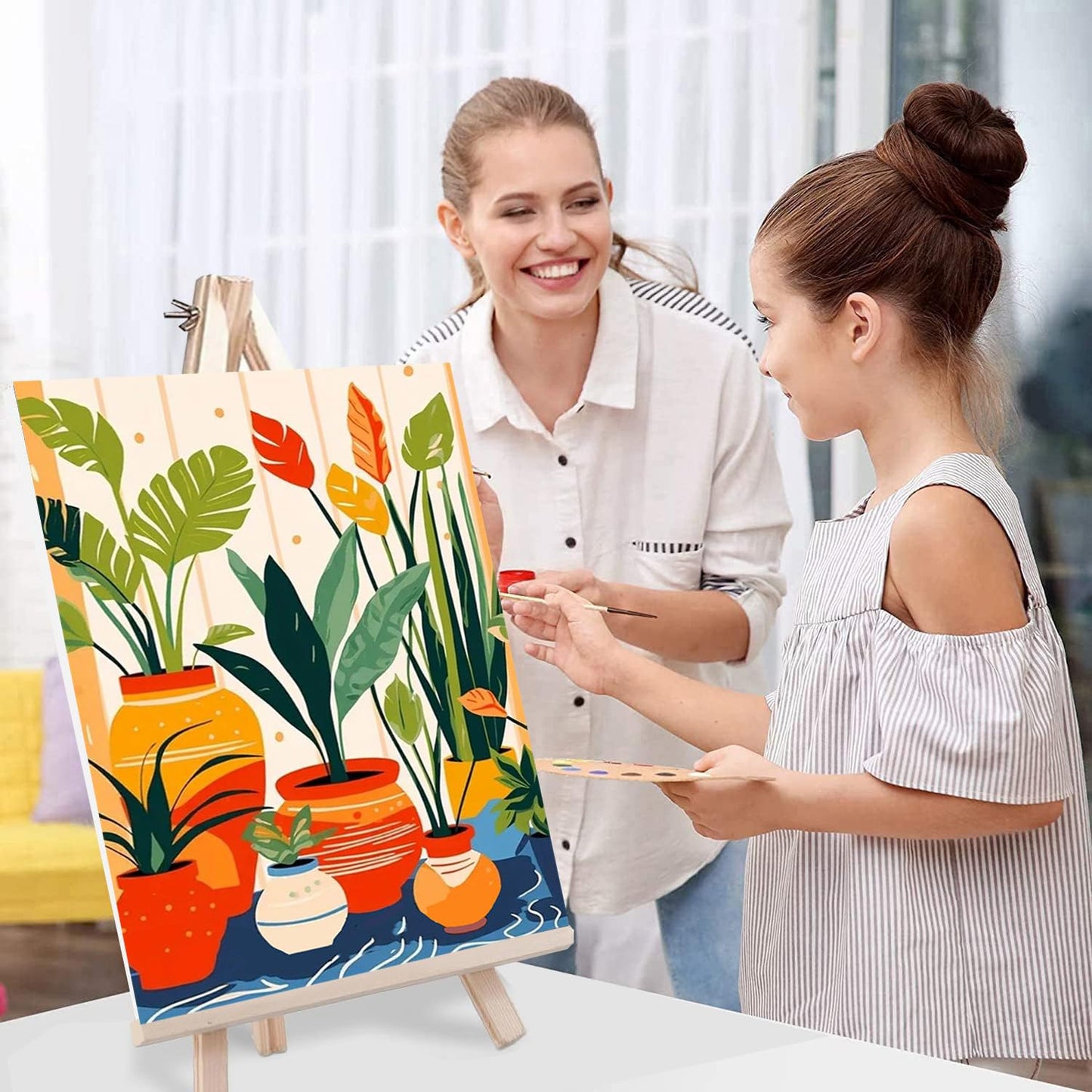 ICYANART 4 Pack Paint by Numbers kit for Adults with Frame and Wooden Easel, Plant Adult Paint by Number Kits, DIY Acrylic Oil Painting by Number for Beginners Home Wall Decor Gift (8x12 inch)