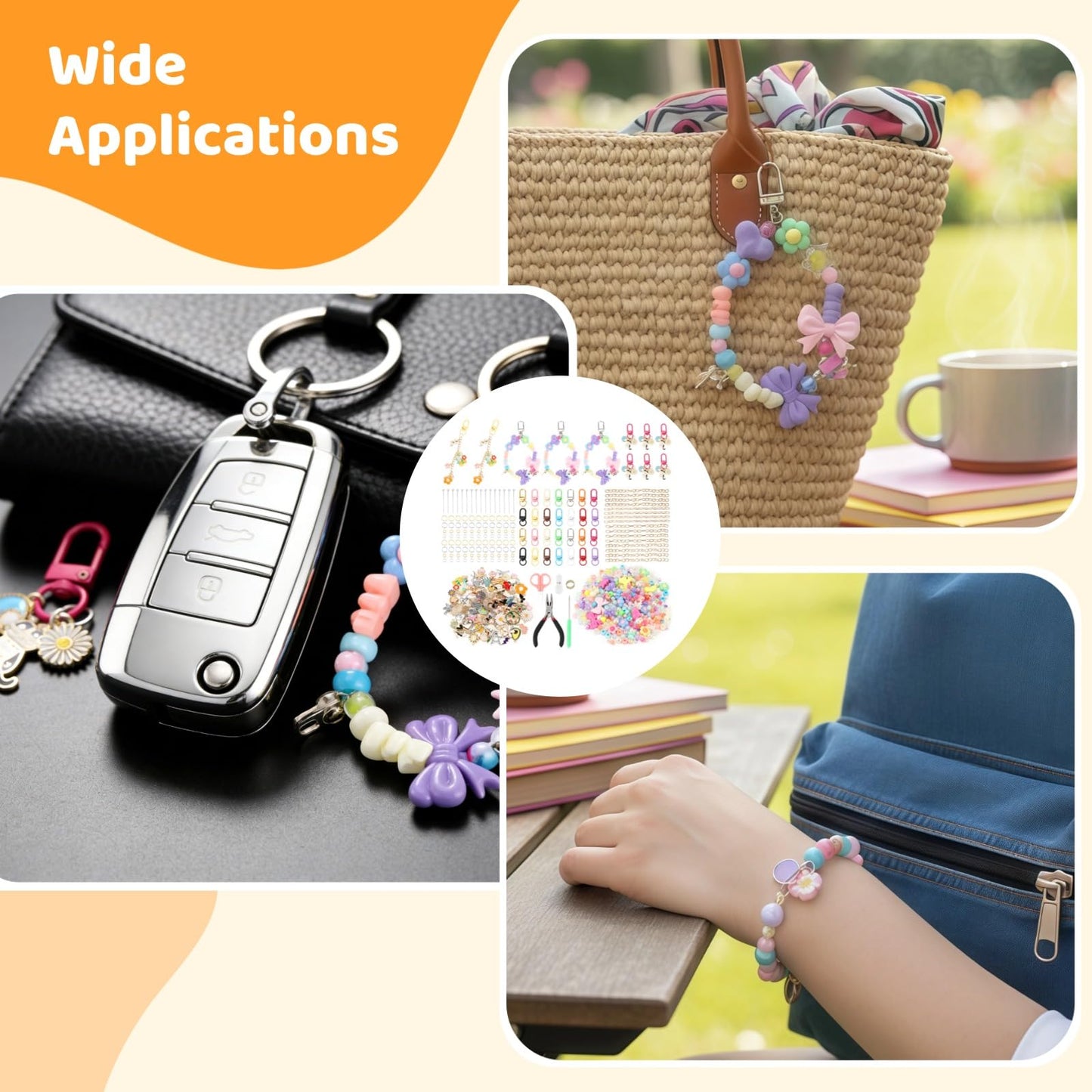 COSYOO DIY Keychain Making Kit, Includes 300pcs Colorful Beads 100pcs Charms, Bulk Cute Beaded Keychain Phone Bag Charm Complete Set for Beginners Jewelry Making Accessories Supplies