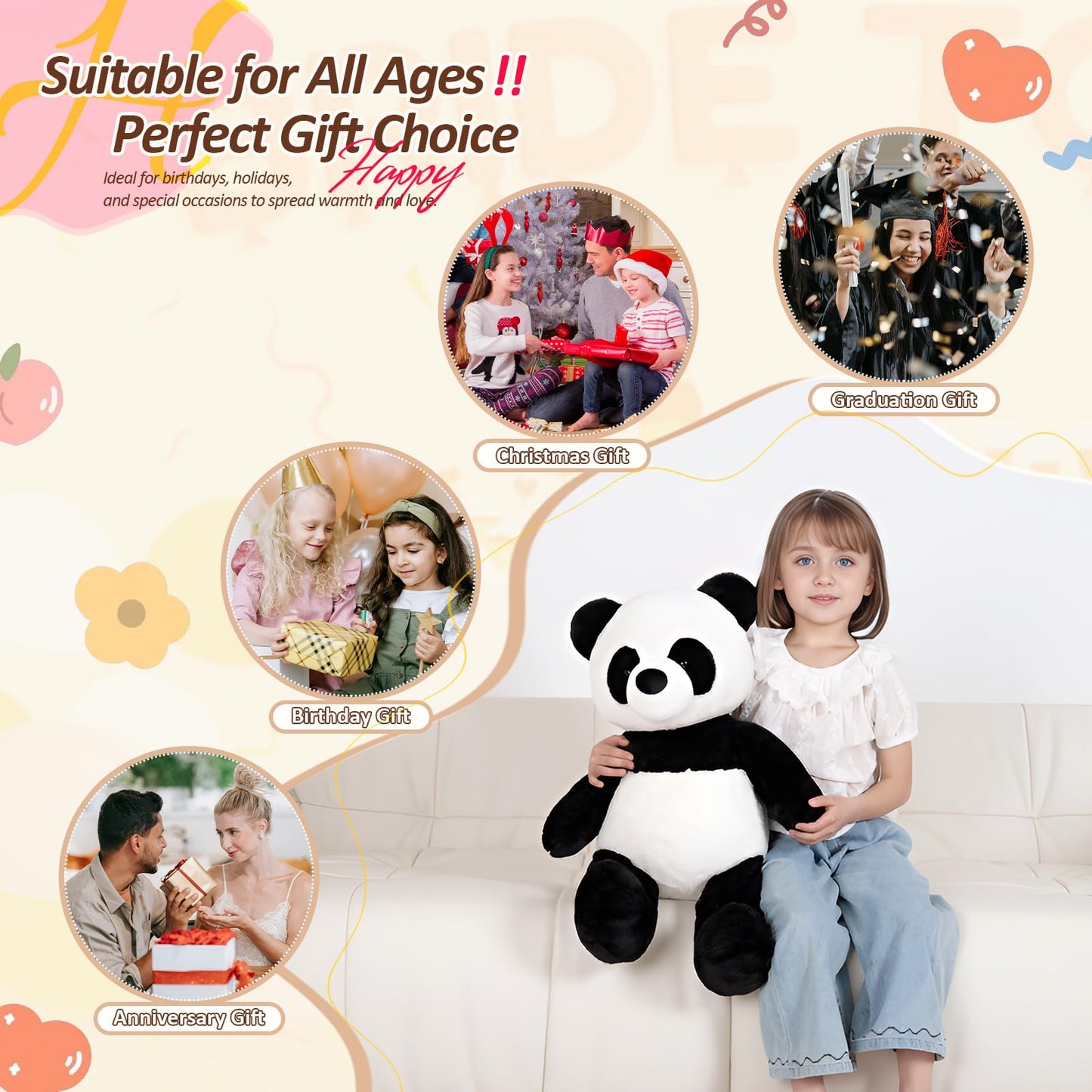 FFxiong 24" Giant Panda Bear Stuffed Animal Plush Toy Cute Soft Body Panda Pillow Kawaii Big Doll, Gift for Kids Boy Girl Birthday Valentines Christmas