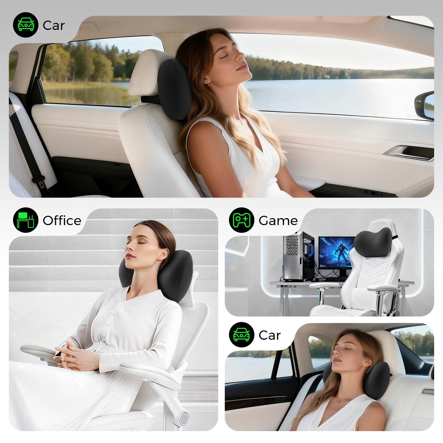 BEBAS Memory Foam Car Headrest Pillow - Breathable Neck Support Pillow for Driving, Universal Fit Cars/SUVs/Tesla/Toyota & Office Chair, Removable Cover (Black, Summer)