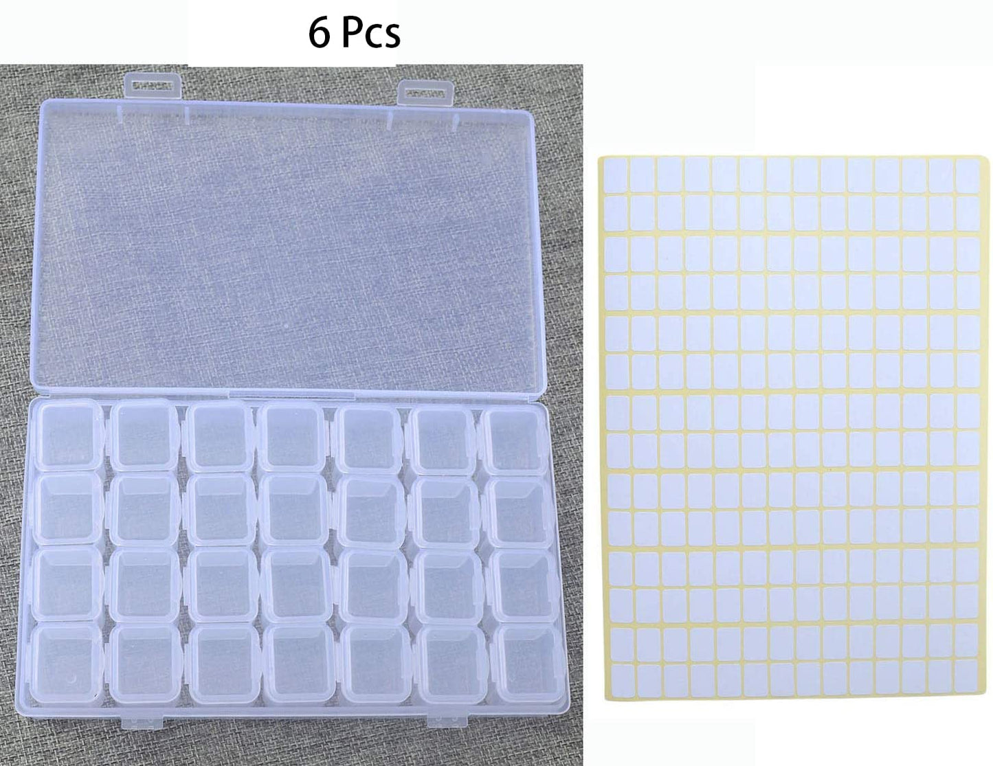 6 Pcs 28 Grids Clear 5D Diamond Painting Embroidery Box, Accessories Storage Containers Adjustable Bead Case with 196 Pcs Label Stickers (28 Grids 6 Pack)