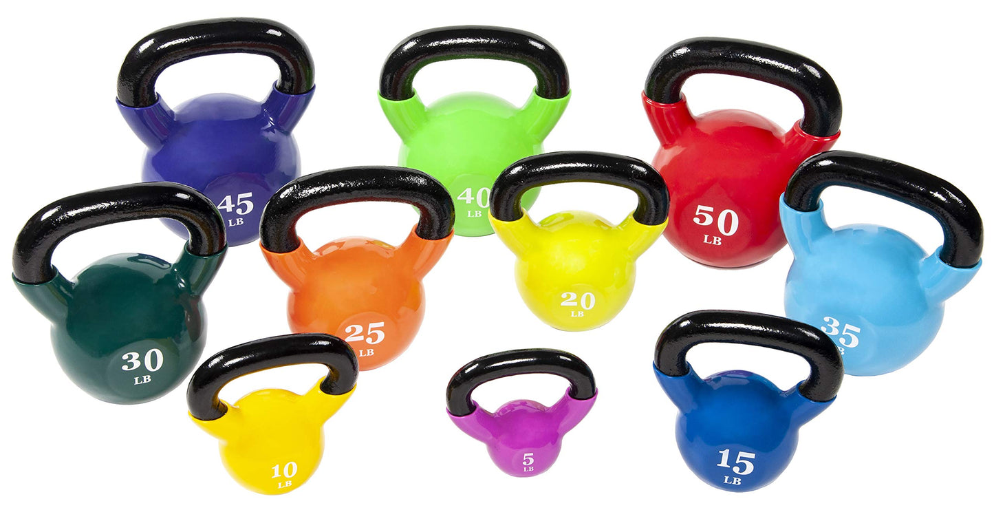 Fitvids Wide Grip 3-Piece Kettlebell Exercise Fitness Weight Set, Include 5 lbs, 10 lbs, 15 lbs and 20 lbs, Set of 3 or Set of 4