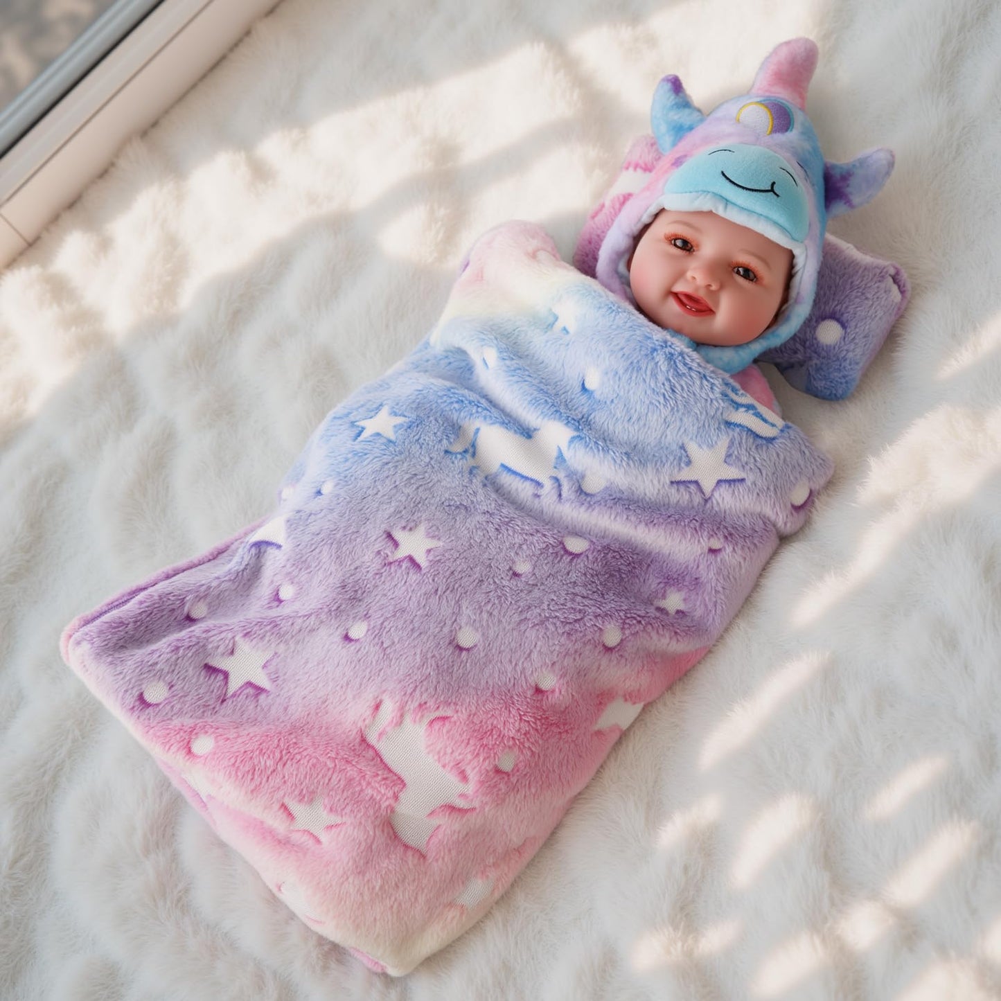 BABESIDE 2 Pcs Reborn Baby Doll Bedding Set for 12-17 Inch Dolls, Cute Animal & Star Pattern Doll Blanket and Pillow Set, Soft Bedding for Pretend Play and Dollhouse Accessories