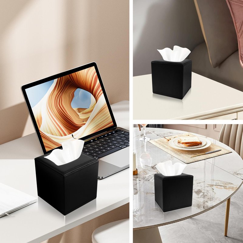 PU Leather Tissue Box Cover with Magnetic Closure,Square Tissue Box Holder with Magnetic Closure at The Bottom,Used for Bathroom Vanity Countertop Night Stands Bedroom Office Desk and Offices-Black
