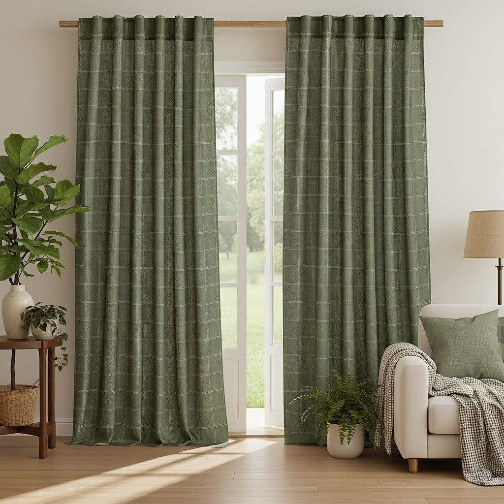 NICETOWN Linen Plaid Curtains Gingham Window Panels Moss Green Check Tartan Light Filtering Curtains for Living Room Bedroom, Rod Pocket Back Tab, 2 Panels, 52 inch Wide x 84 inch Long