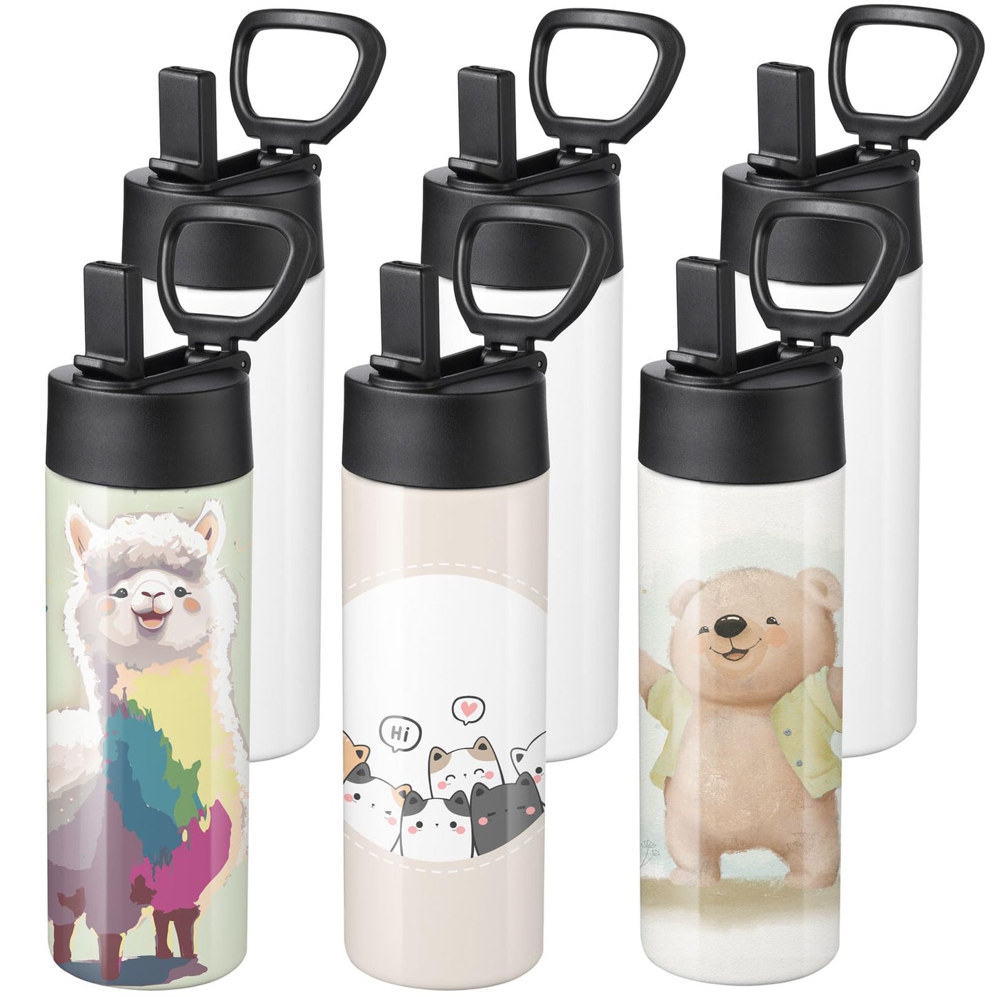 OFFNOVA 16oz Kid Sublimation Water Bottle Blanks with Straw, 6 Pack Sublimation Tumblers Bulk Stainless Steel Sports Bottles for Tumbler Heat Press Sublimation Printing