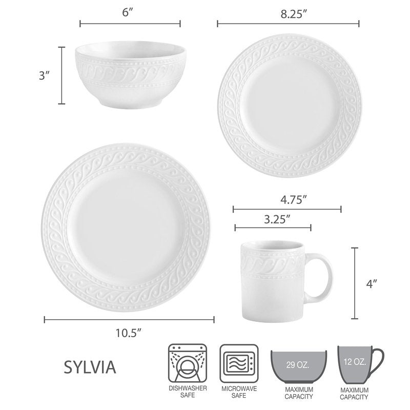 Pfaltzgraff Sylvia 32-Piece White Dinnerware Set, Service for 8, Durable Stoneware Plates, Bowls, and Mugs, Microwave and Dishwasher Safe