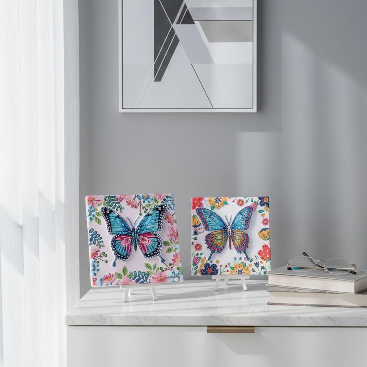 Cymbana Arts and Crafts for Kids Age 8-12, 3D Butterfly Diamond Art Kits, Gifts for Kids Age 6 7 8 9 10 with Plastic Easels DIY Gem Art Foldable Clear Butterfly Painting with Frame for Home Decor