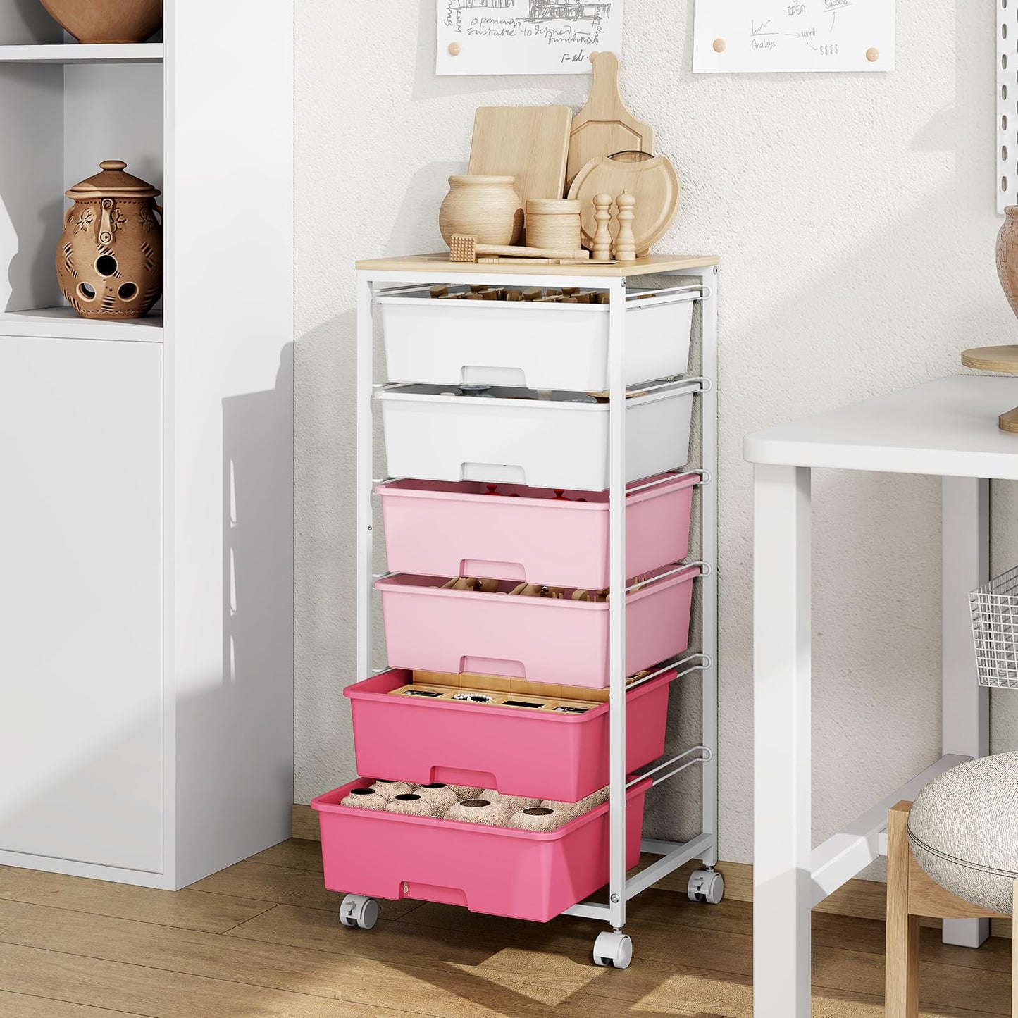 Rolling Storage Cart with 6 Drawers and Wooden Tabletop, Lockable Wheels Utility Cart for Art Studios, Office Supplies & Craft Room Organization (Pink)