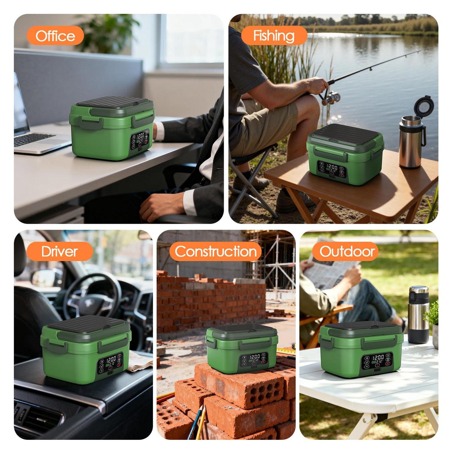 Odopok Cordless Electric Lunch Box, 6.3 Cup 100W Heated Lunch Box with 20000mAH Battery Powered for Self Heating, Including Fork Spoon and Insulated Bag for Men Women Adults, BPA Free(Dark Green)