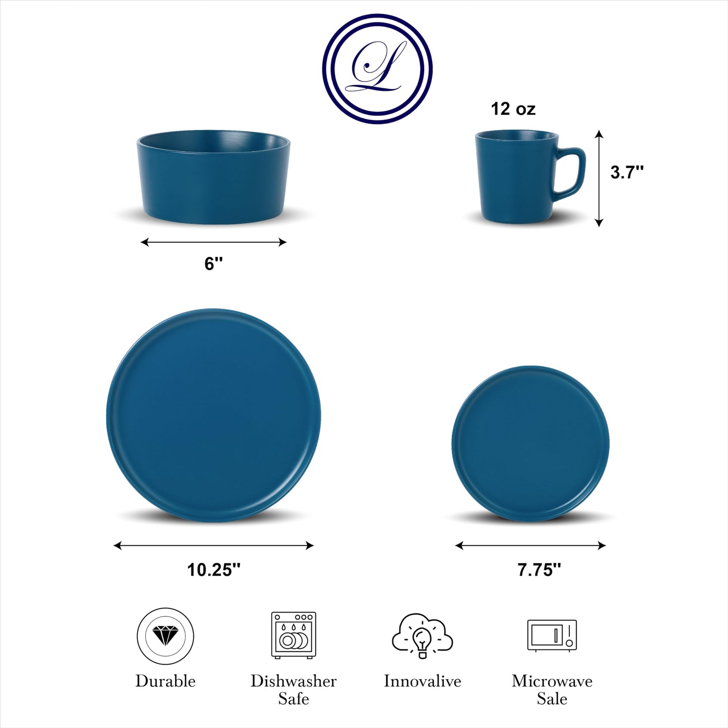 Lorren Home Trends Blue Stoneware Dinnerware Set, 16 Piece, Service for 4, Microwave and Dishwasher Safe