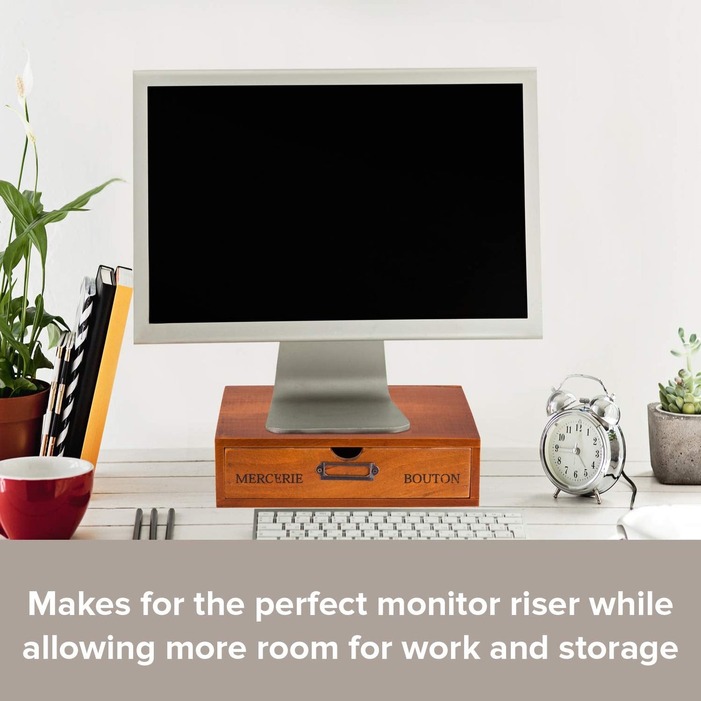 Wooden Single Drawer Unit - Solid Wood Monitor Stand for Desktop Organization and Storage - Stackable Desk Organizer - Rustic Nightstand With Label Holder - Countertop Organizer