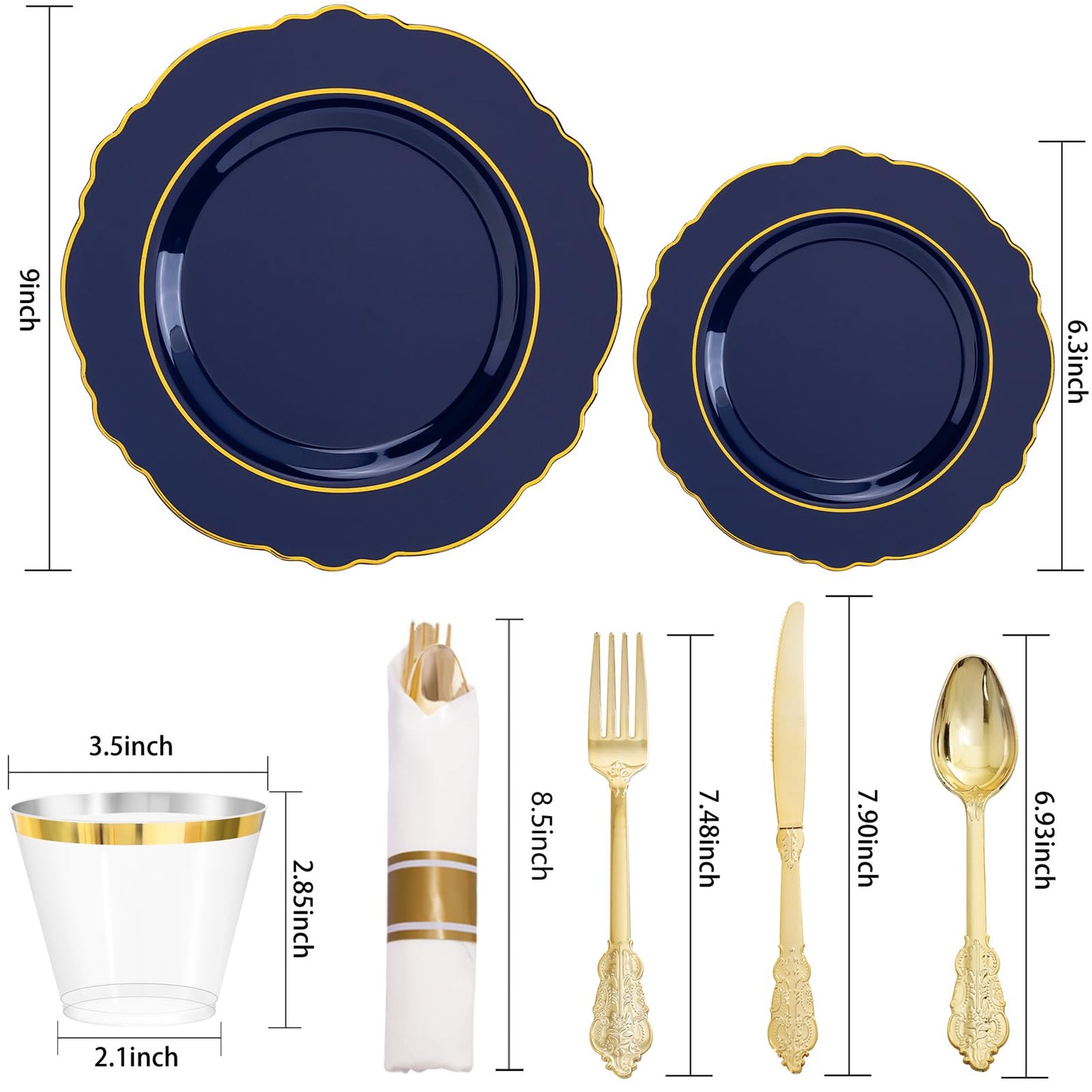 Liacere 350PCS Navy Blue Plastic Plates-Disposable Blue Gold Plates 50guest Plastic Dinnerware include 100Plates,50Pack Pre Rolled Napkins with Silverware 50Cups for Wedding&Back to School&Labor Day