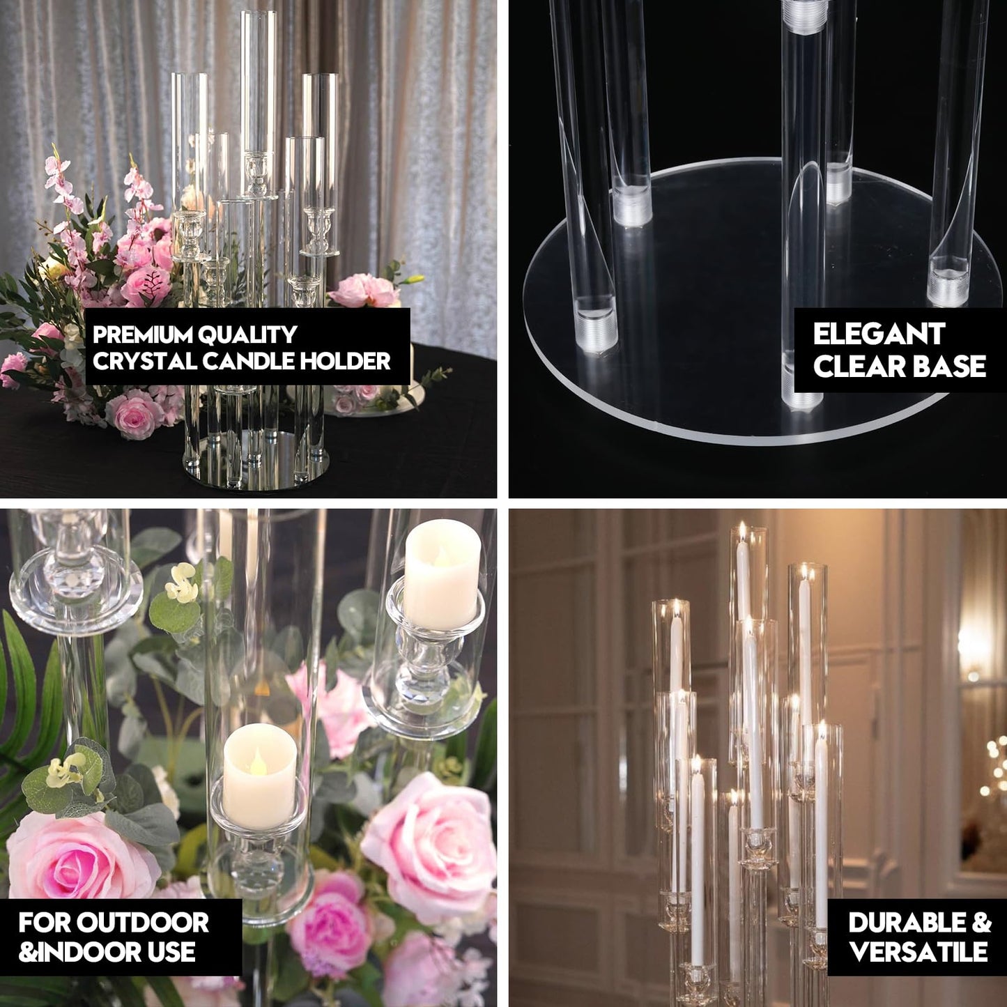 4 Set 5 Arm Acrylic Candle Holder, Mjkeomo 34.6'' Tall Candelabra Centerpieces for Tables Clear Candlesticks Holder with Lampshade for Housewarming Gift Fireplace Dinner Decor Fit 0.87'' LED Candle