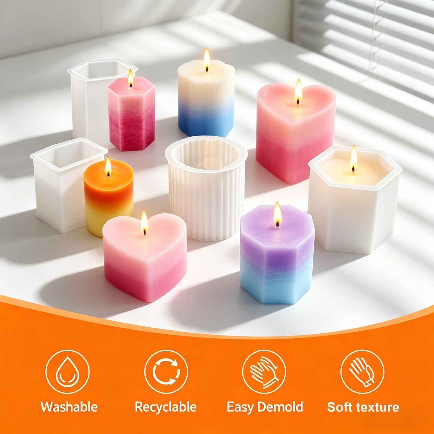 DJBVHSF 9 Pack Reusable Silicone Candle Molds Set, Easy Release Cylinder, Hexagon, Heart and Star Resin Soap Molds for DIY Candle Making, Crafts and Home Decor
