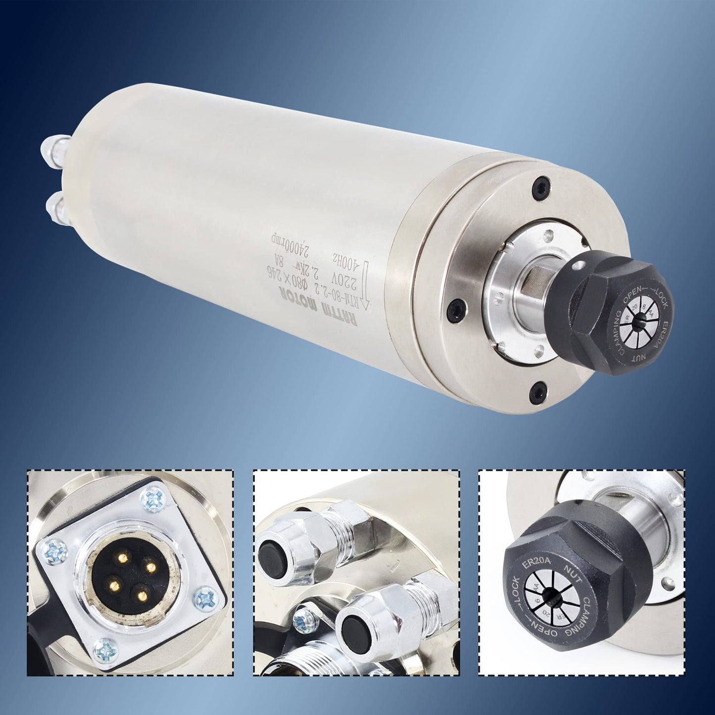 RATTMMOTOR 4-Bearings Waterproof 246mm Length Spindle Motor, 2.2KW Water Cooled Spindle Motor 220V ER20 CNC Router Carved Metal Spindle 24000RPM 80mm 8A 400Hz for CNC Milling Engraver Machine