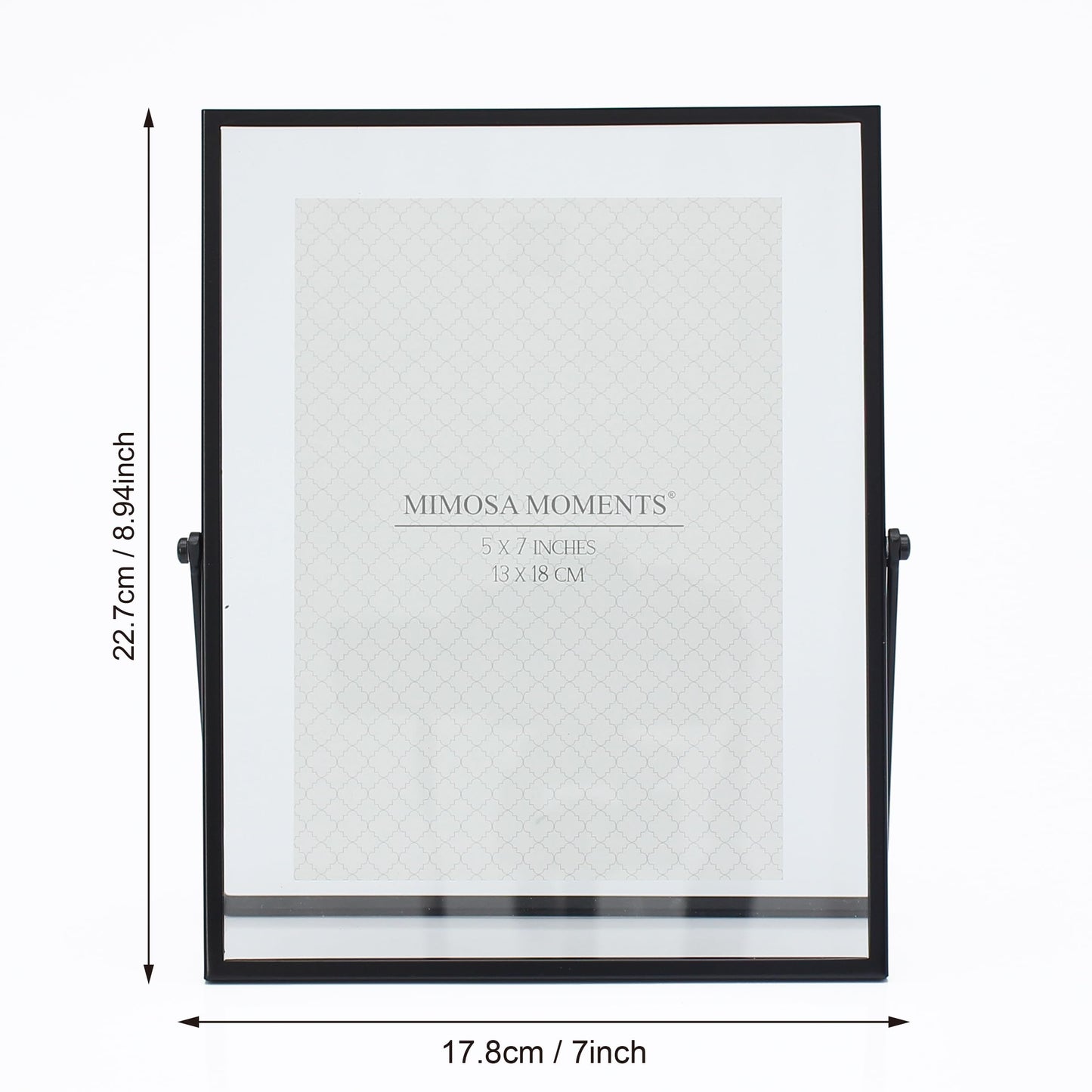 MIMOSA MOMENTS 5x7 Black Metal Floating Picture Frame, Double Glass Tabletop Display, Modern Minimalist Photo Frame for Home & Office Decor