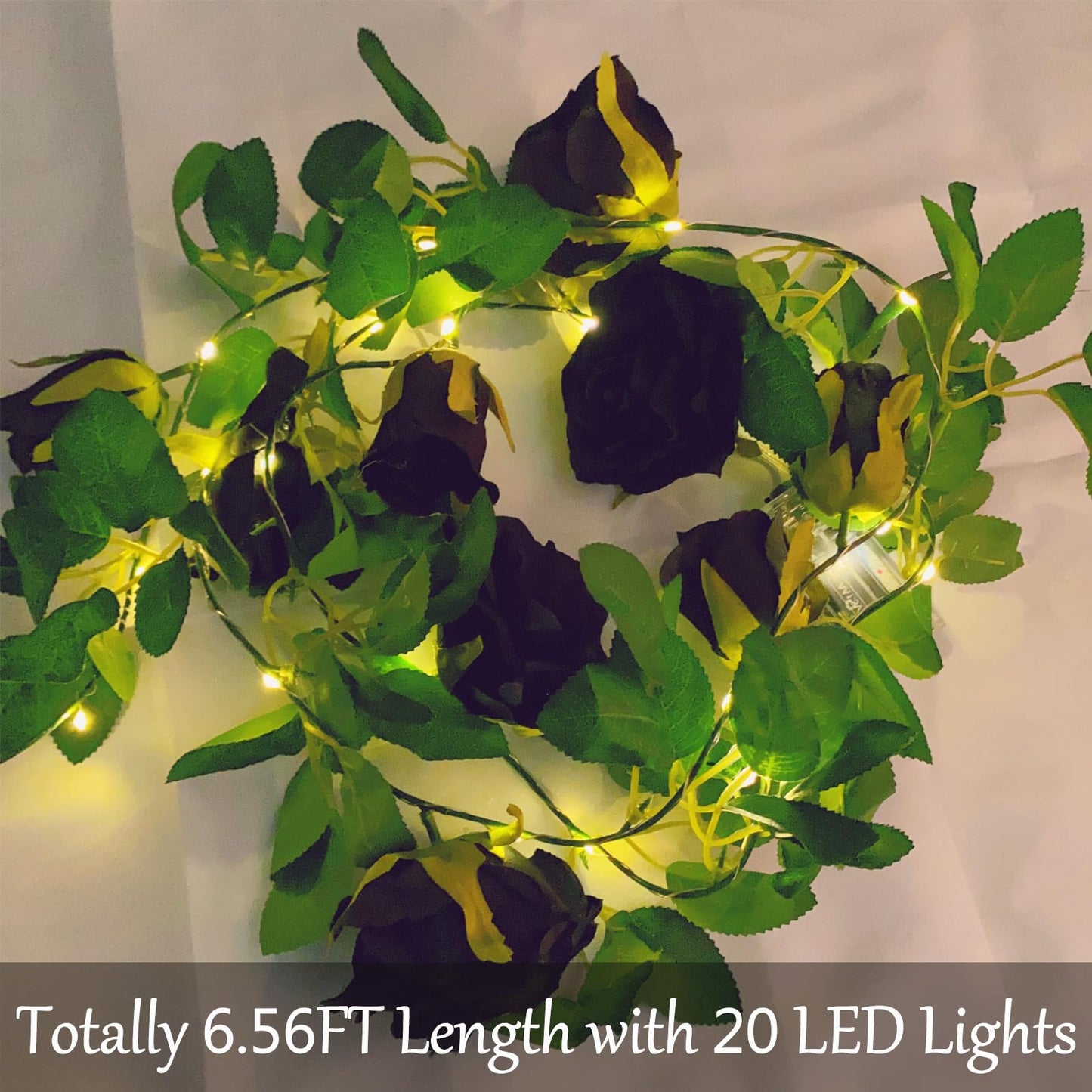 Fielegen 6.56 FT Halloween Artificial Black Rose Vine Lights Fake Floral Garland Wall Decoration Faux Plants Rose Vine with 20 LED Fairy Lights Battery Operated String Lights for Garden Wedding Decor