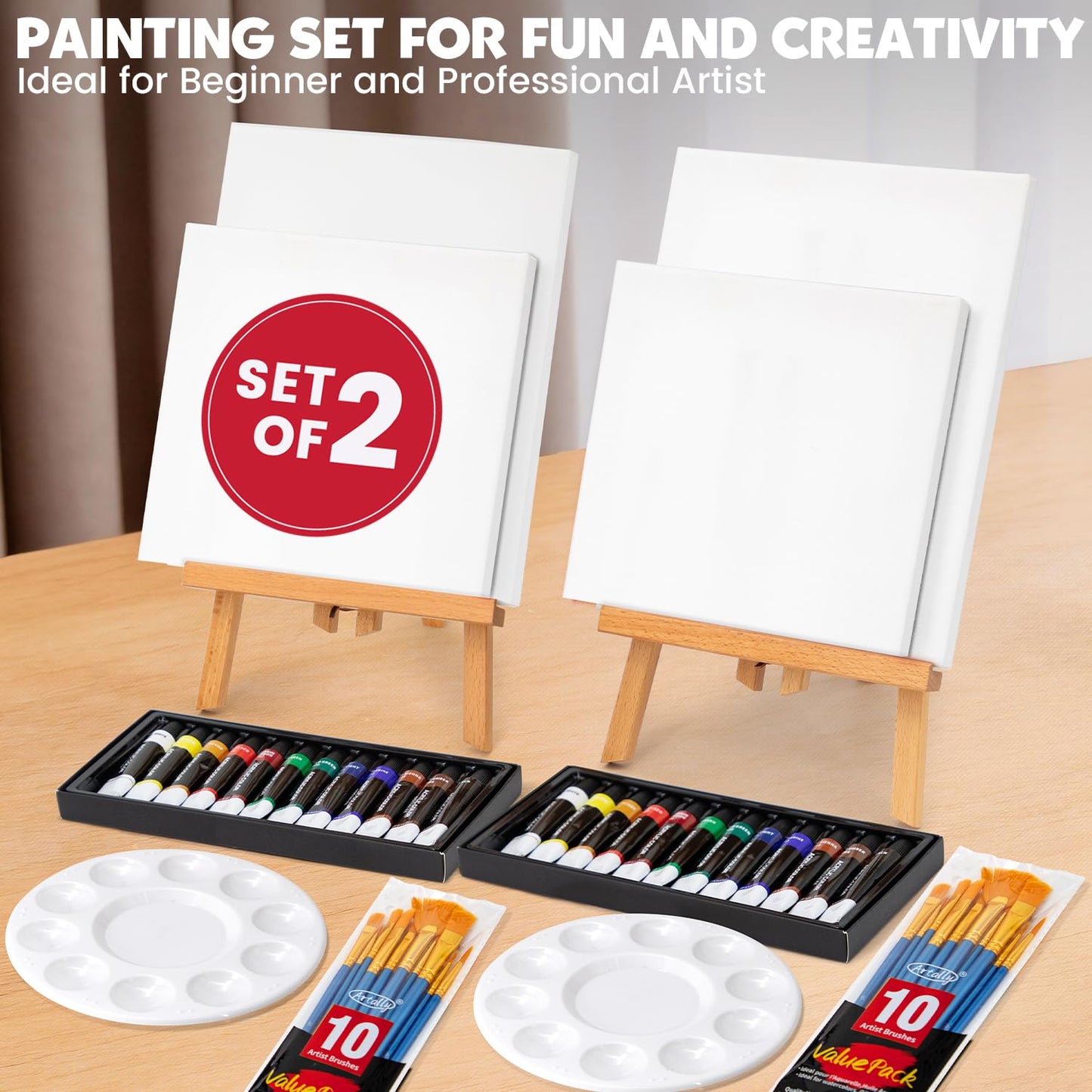 Set of 2 Acrylic Painting Kits for Adults and Couples, Sip and Paint Kit for Date Night, Acrylic Painting Kit with Canvas Boards and Easels, Professional Art Set for Couples, Families, Beginners