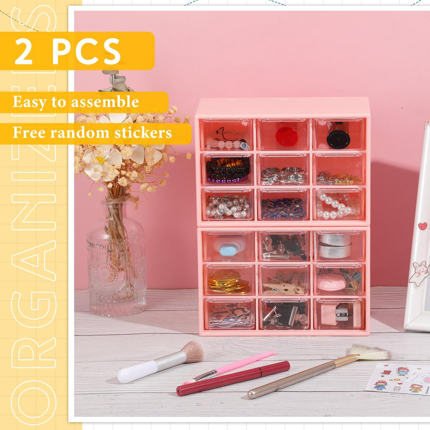 Wenqik 2 Pcs Mini Storage Drawers Teacher Toolbox Organizer with 9 Clear Drawers Small Plastic Desktop Teacher Desk Craft Organizer for Classroom Office 7" x 3. 9" x 4. 7"(Pink)