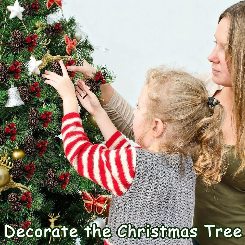 Tebiefat 30 Pcs Artificial Pine Cone Red Berry Picks Stems, Small Fake Holly Berries Needles Branches with Pinecones Christmas Floral Leaves for Crafts Vase Xmas Tree DIY Holiday Decor