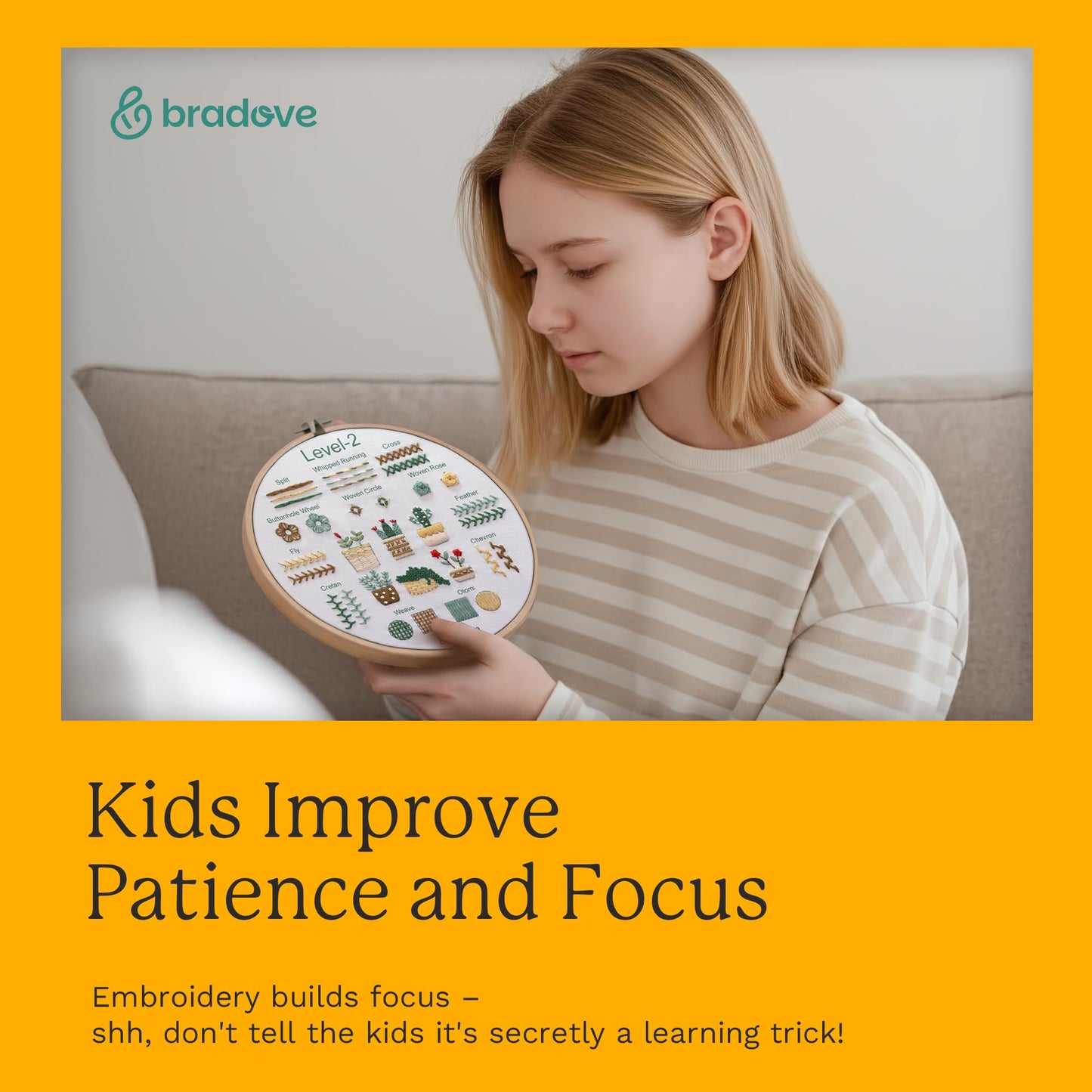 Bradove Beginner Embroidery Kit for Adults Kids, Learn to Embroider 37 Stitches and 13 Cute Patterns, Beginner Embroidery Practice