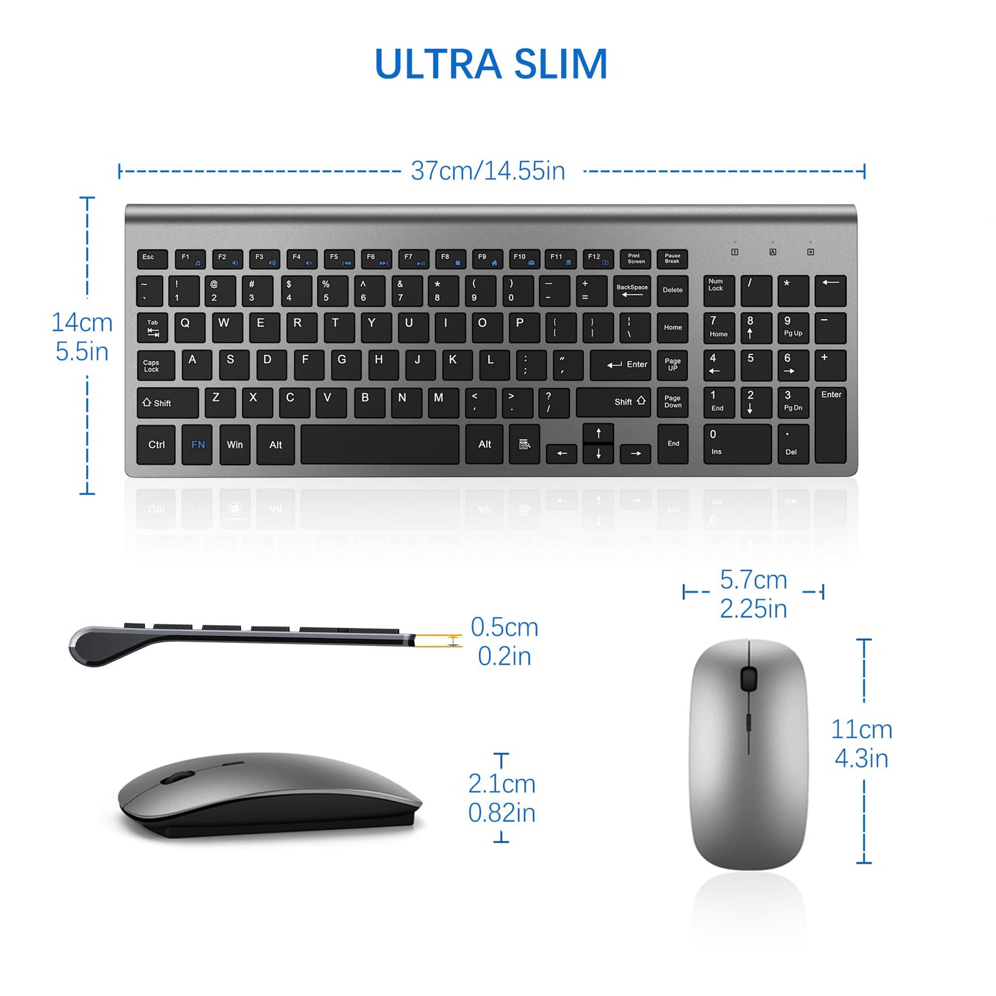Wireless Keyboard and Mouse Ultra Slim Combo, TopMate 2.4G Silent Compact USB 2400DPI Mouse and Scissor Switch Keyboard Set with Cover, Batteries Included, for PC/Laptop/Windows/Mac - Gray Black