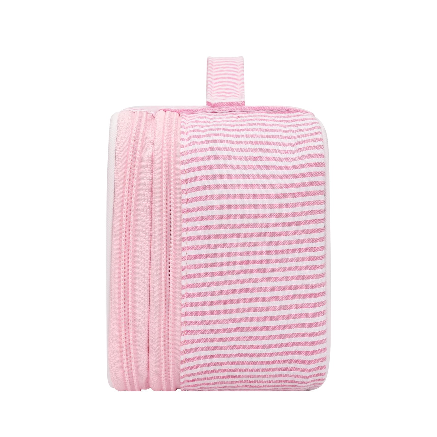Relavel Cute Makeup Bag for Girls, Portable Pink Cosmetic Bag, Dual-layer Makeup Pouch with Brush Holder, Multi-Functional Preppy Toiletry Organizer for Travel, Daily Use - Pink Strip