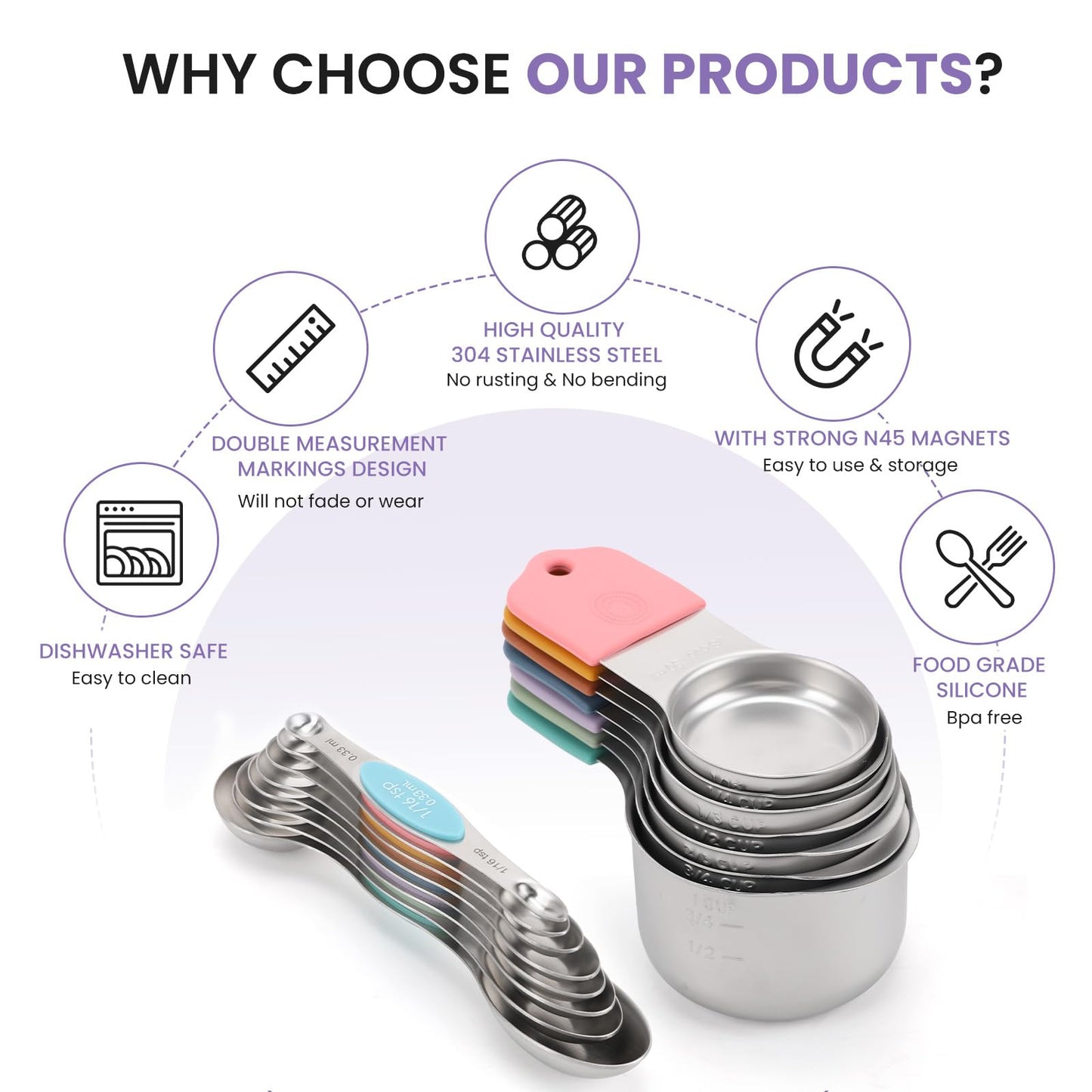 Magnetic Measuring Cups and Spoons Set-Heavy Duty 304 Stainless Steel,Double Measurement Markings,Set of 16 with Leveler for Measure Dry and Liquid Ingredients