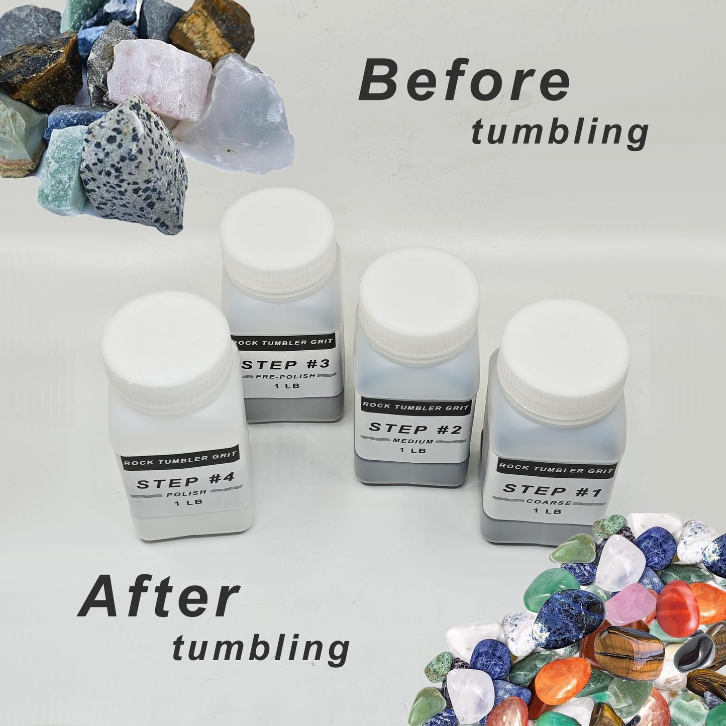 4 LB Rock Tumbler Grit and Polish Refill Kit, 4-Step Tumbling Media Coarse/Medium/Pre-Polished/Final Polish, Silicon Carbide Grit, Ideal for Any Rock Tumbler & Stone Polisher