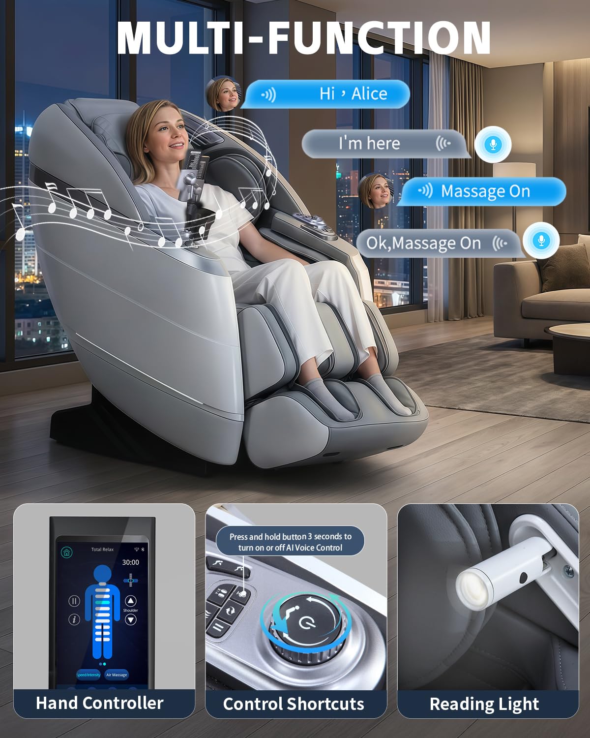 RelaxRelife 4D Full Body Massage Chair with Flexible 166° Track, Reading Light, 18 Massage Modes, 11 Techniques, 36 Airbags, Zero Gravity Recliner with Yoga Stretch and Foot Massage Grey