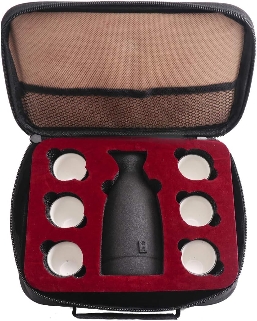 Ceramic Sake Set with Cups + Keep Sake Storage Box - Traditional Porcelain Pottery Drink Set Kit, 7-Piece