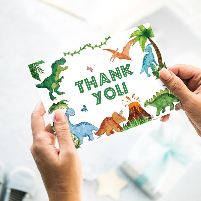 Whaline 24 Pack Dinosaur Thank You Cards Watercolor Green Jurassic Greeting Card with Envelopes Sticker Cute Animal Blank Note Card for Baby Shower Party Invitation Supplies, 4 x 6 Inch